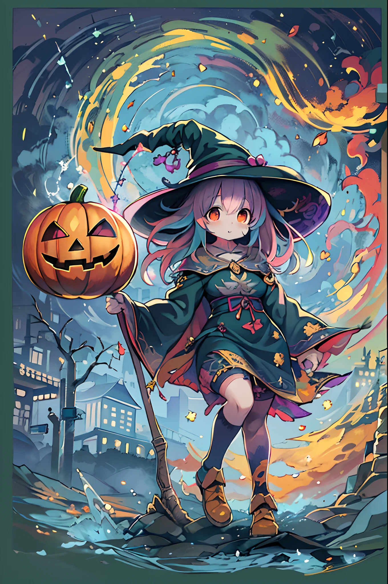 masutepiece, Best Quality, Charming Halloween 8 witch, Random coloring,2D, planar vector, T-shirt design, Colorful splashes, Fantasy Art, Watercolor effect,Digital Painting, white bg, 8K、night cityscape,bbw,Anime style