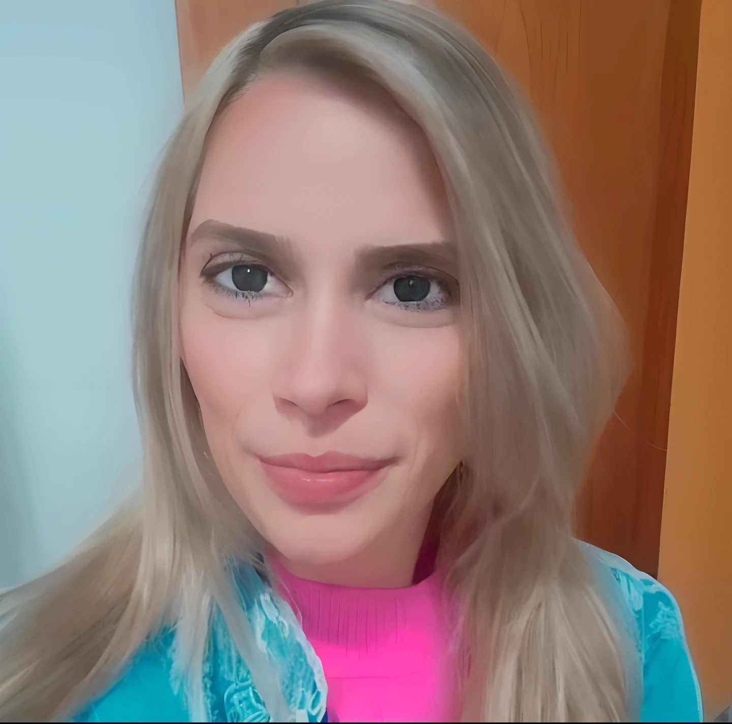 blond woman with long hair in a pink shirt posing for a picture, lovely smile, alexa grace, lorena avarez, with long blond hair, fernanda suarez, marischa becker, by Nándor Katona, long blonde hair and large eyes, long straight blonde hair, beautiful and smiling, brunette with dyed blonde hair, by Amelia Peláez