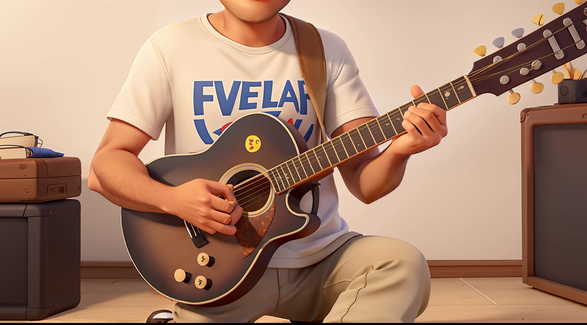 Um homem de pele parda com olhos castanho escuro, cabelos cacheados e preto, Wearing Round Iron Glasses, camiseta preta, beige pants, white sneakers, estilo Disney Pixar, alta qualidade, best quality, Playing a 6-string guitar at a live show