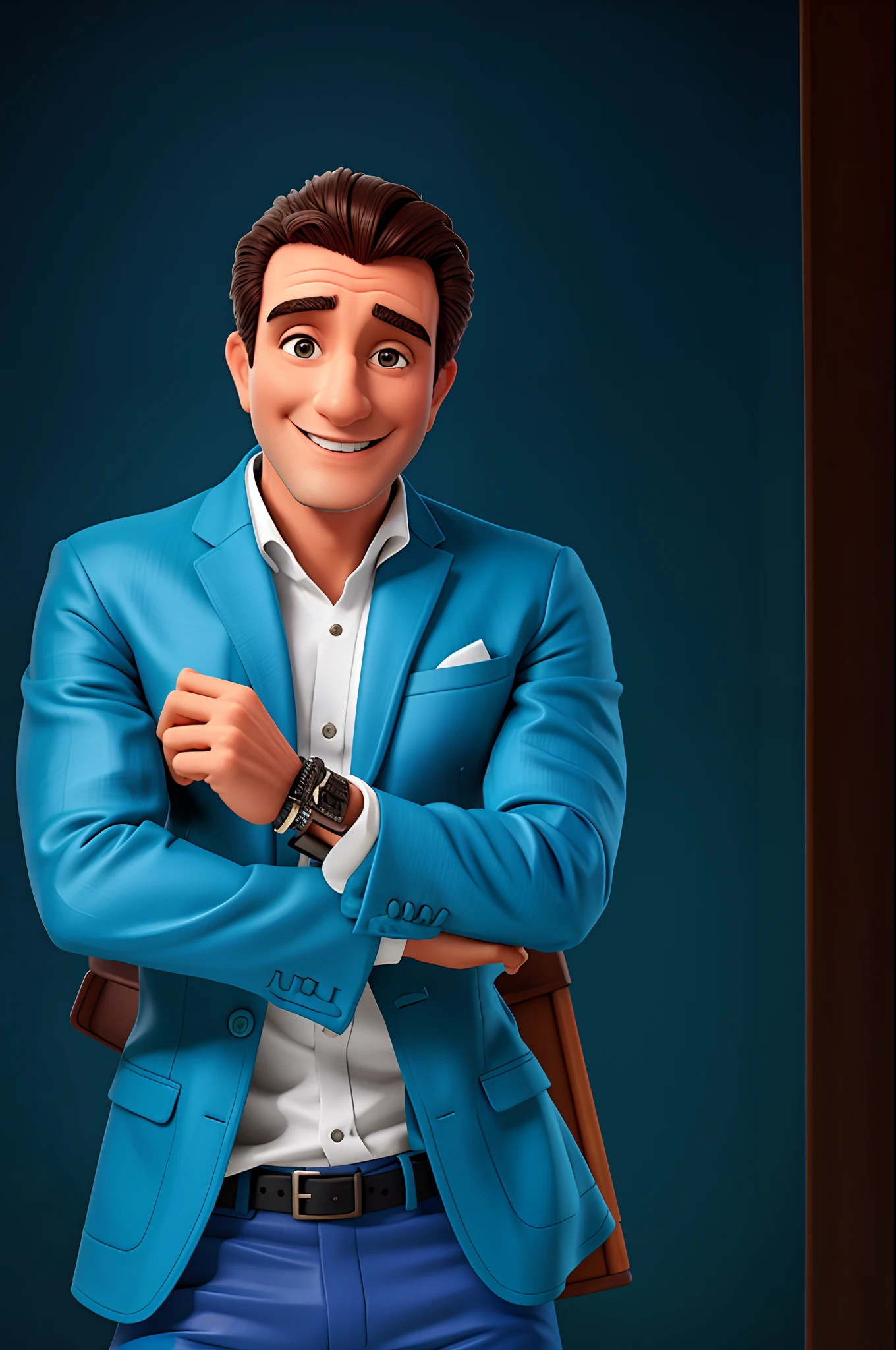 Homem de terno azul e camisa branca posando para uma foto