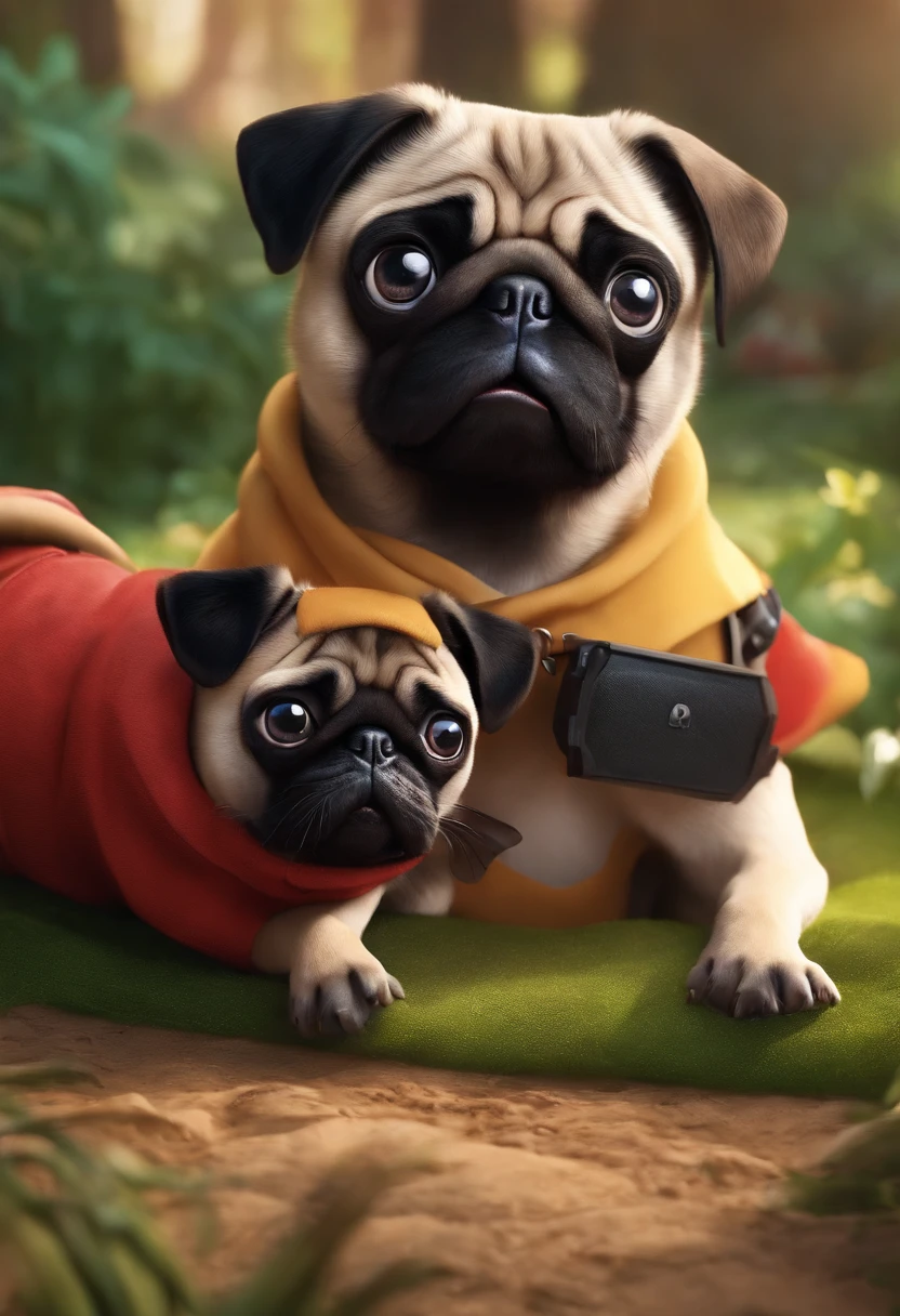 Image two pug dogs for a story in a YouTube video in Pixar format, they are little allabist, they are the leader of the class, they are extroverts , playful and get up for a lot of things