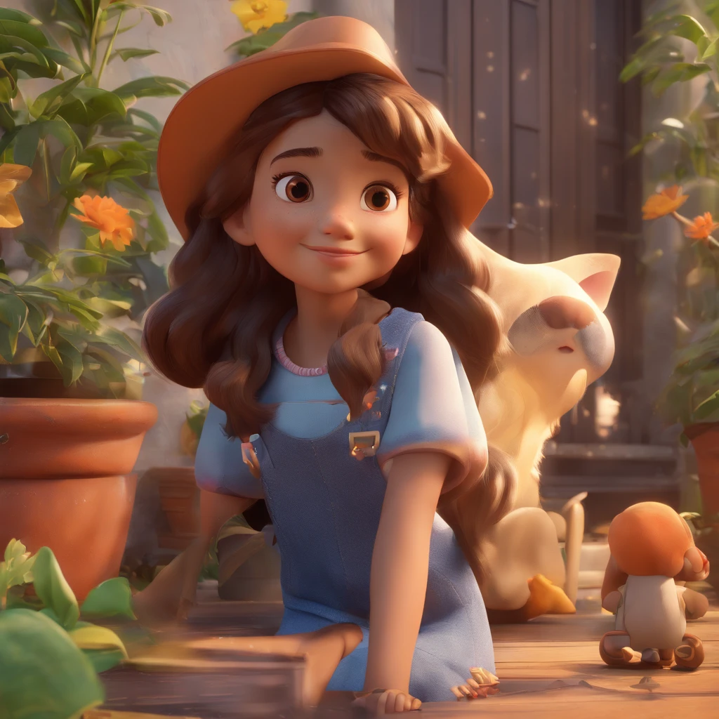 Image of a pixar-style girl, with reference to a 15-year-old Brazilian girl with light brown skin, she has long wavy hair and bangs, she is smiling, her hair and eyes are brown, she is with her faithful friend Mago, a black cat and Witch a white cat lying in the garden