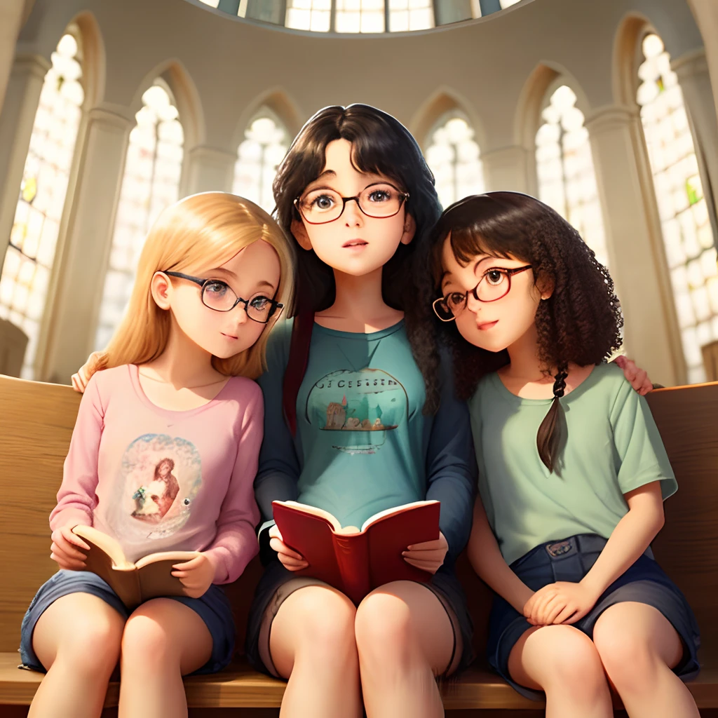 Three friends inside church with Jesus with children sitting ,one with her black curly hair and the other black friend with her straight hair, the last blonde friend wearing white glasses with a microphone and a Bible in her hand
Disney Pixar Poster