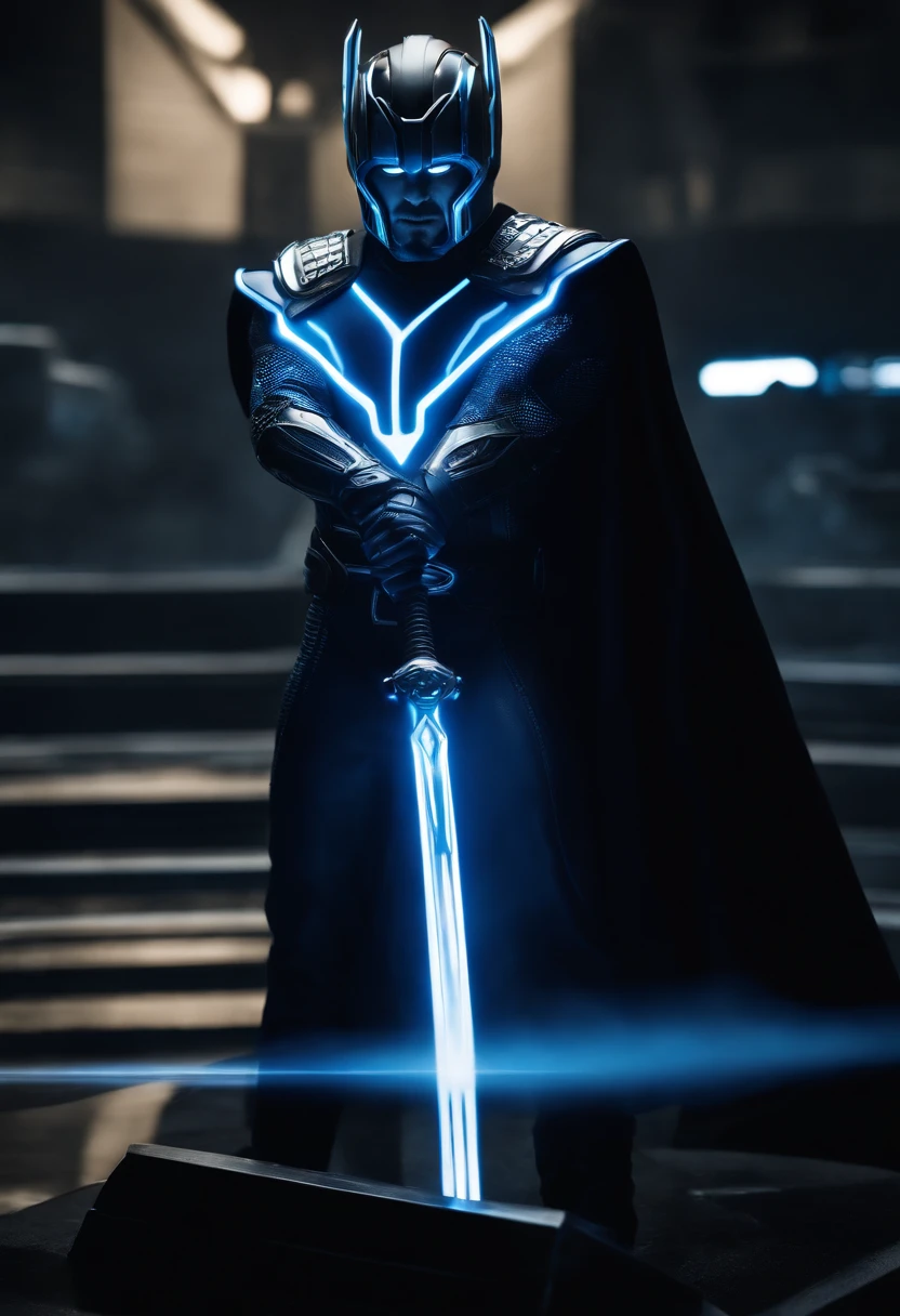Tron Combined with Thor, tron legacy, battle pose, crystal clear image, intricate details, close up, battle scars, black and Blue themed, simulation world, glowing War Hammer, black Cape, intimidating pose