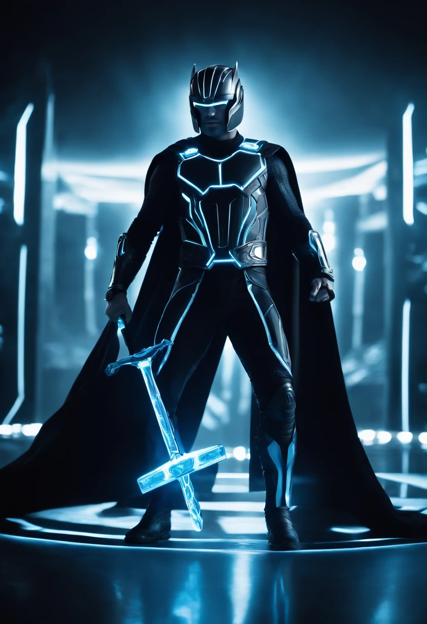 Tron Combined with Thor, tron legacy, battle pose, crystal clear image, intricate details, close up, battle scars, black and Blue themed, simulation world, glowing War Hammer, black Cape, intimidating pose