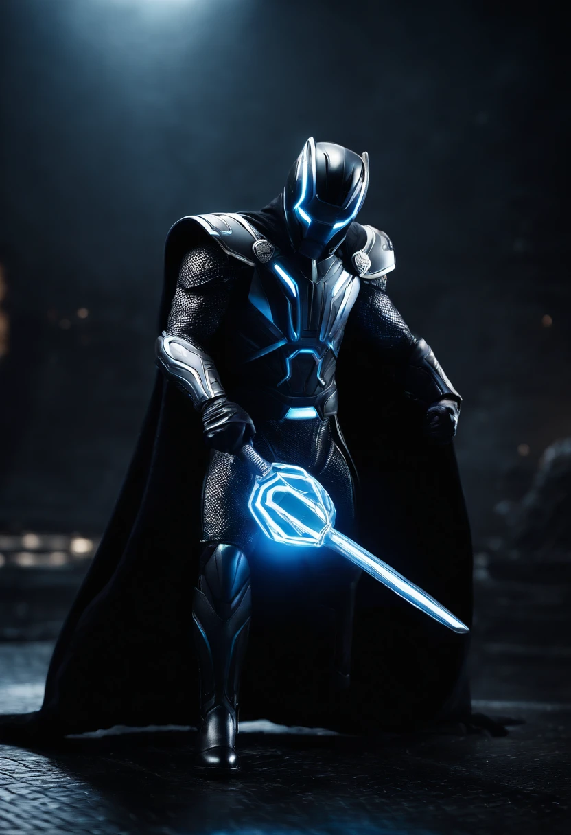 Tron Combined with Thor, tron legacy, battle pose, crystal clear image, intricate details, close up, battle scars, black and Blue themed, simulation world, glowing War Hammer, black Cape, intimidating pose
