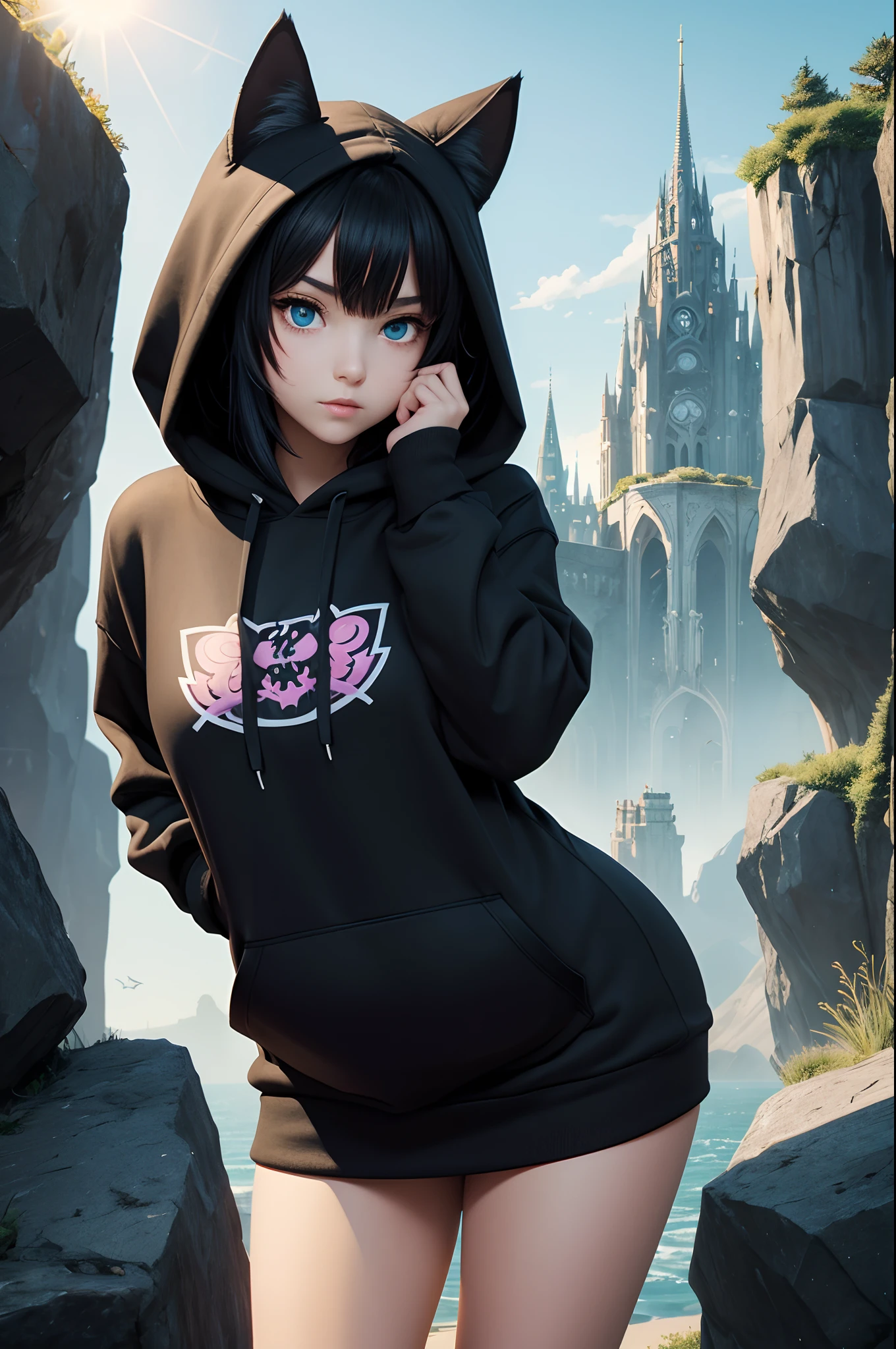 Very detailed illustration of a cute teen wearing black hoodie with cat ears, focus on face, serious face, full curvy body, zoomed, detailed colorful city environment, whimsical, tetradic colors, cartoon, JRPG, league of legends, illustration by MSchiffer, rocks and stones, fairytale, fantasy, cartoonish vector, anime, manga, vibrant, sunbeams, best quality, best resolution, wallpaper art, sharp focus,