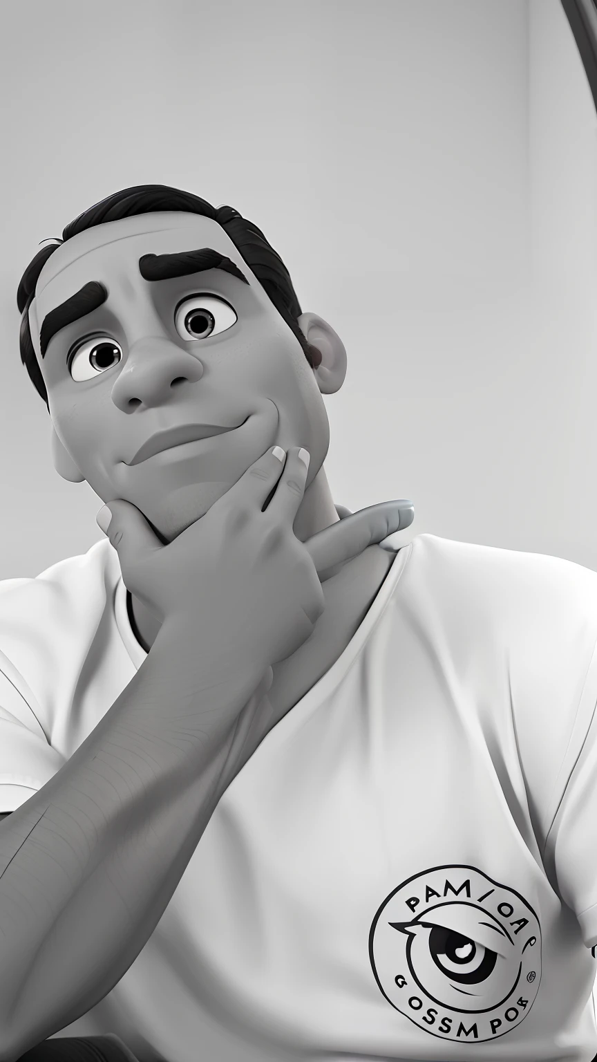 Um homem estilo Disney Pixar, homem de pele escura, olhos castanhos, sobrancelhas grossas, full lips, serious face, hand on her chin, alta qualidade, best quality