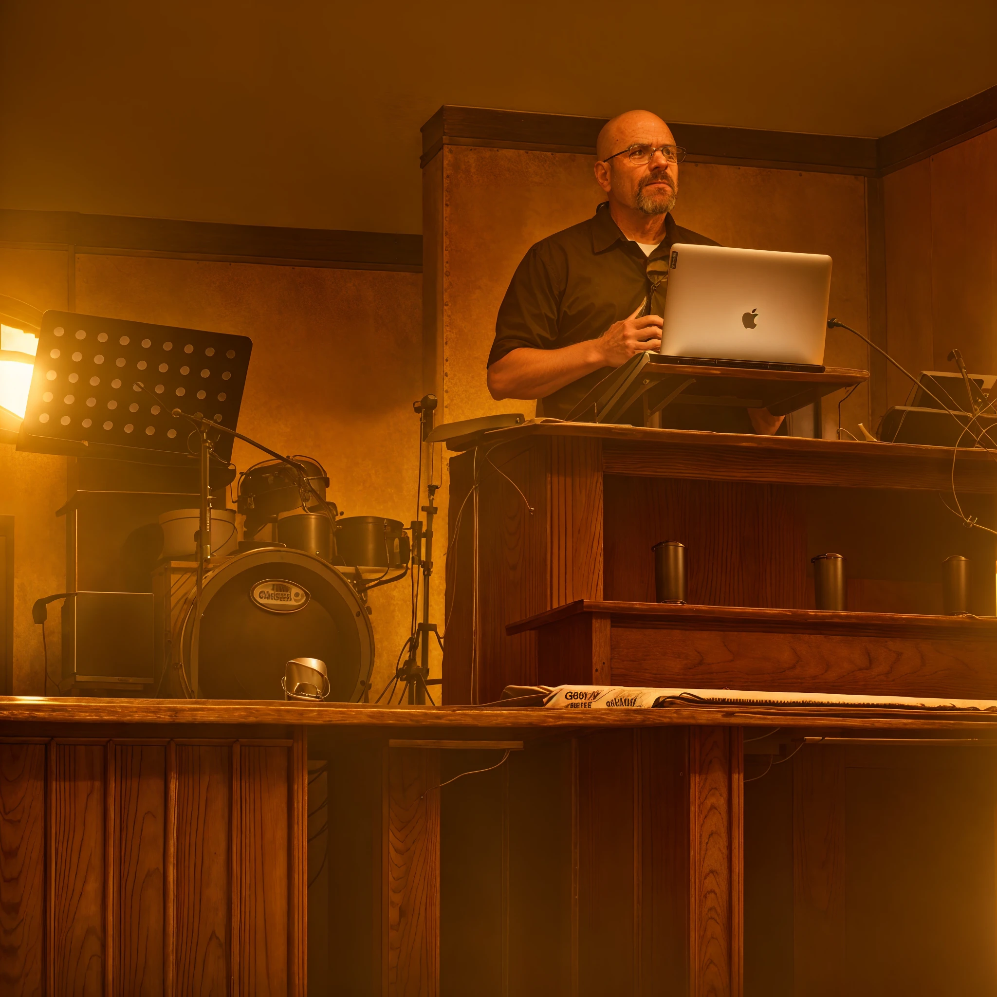 There's a man standing on a podium with a laptop, na igreja, Capturado no iPhone, It is a place of worship, no altar, no palco, fazer um discurso, cena da igreja, listening to godly music, no palco, em uma igreja. arstation, em frente ao altar, ele tem cerca de 50 anos