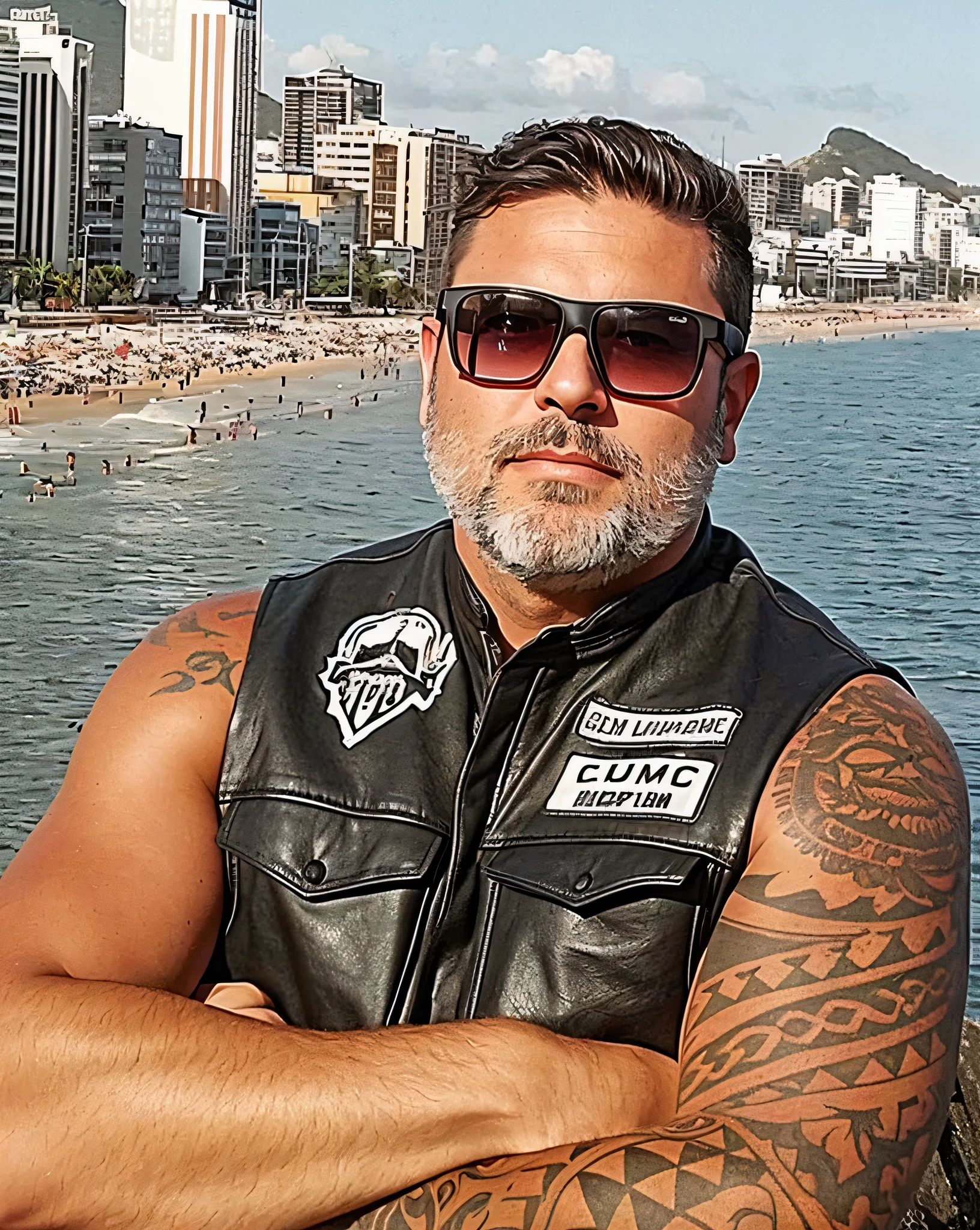 There's a man with a beard and a leather vest standing at the water's edge, imagem de um motociclista masculino, imagem de perfil, david rios ferreira, joe alves, motociclista, usando colete blindado de couro, foto de perfil, andrea rocha, Directed by: Robert Combas, Joe Unha, inspirado em Samuel Silva, edu souza, inspirado em Brian 'Chippy' Dugan