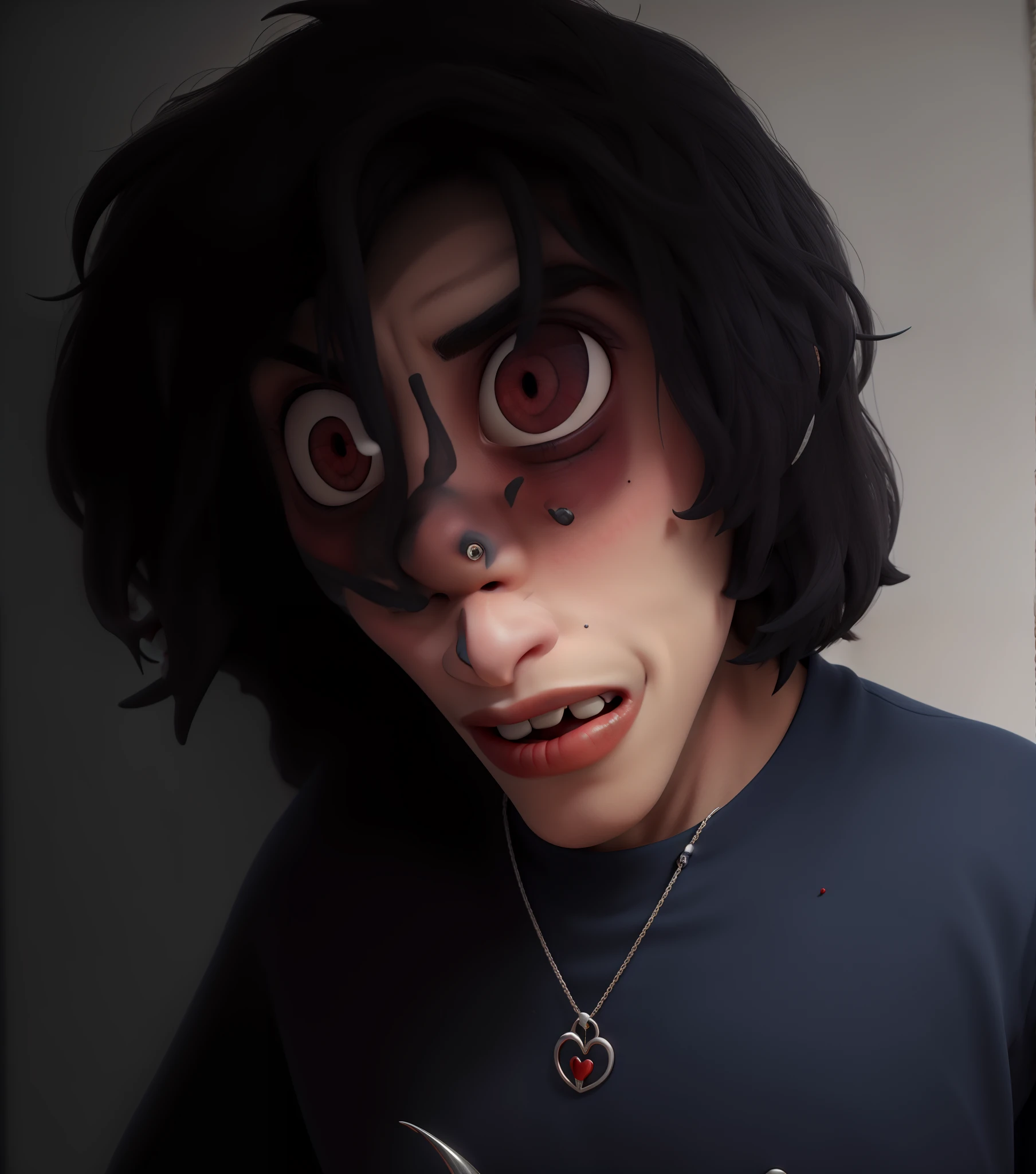 Vampiro com piercings e no escuro, com sangue escorrendo das presas.