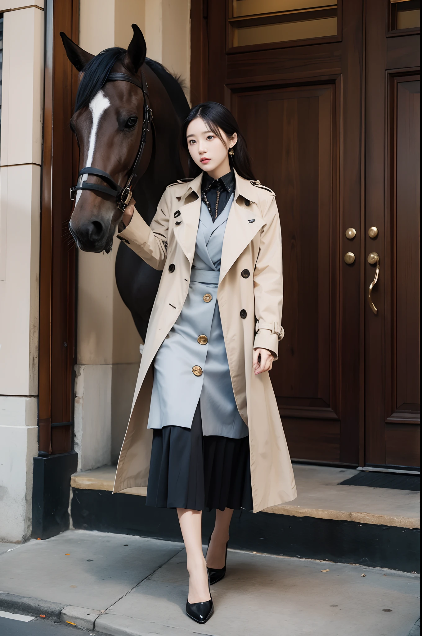 A trench coat with a sense of design，Metal buttons，Wool horse-faced skirt