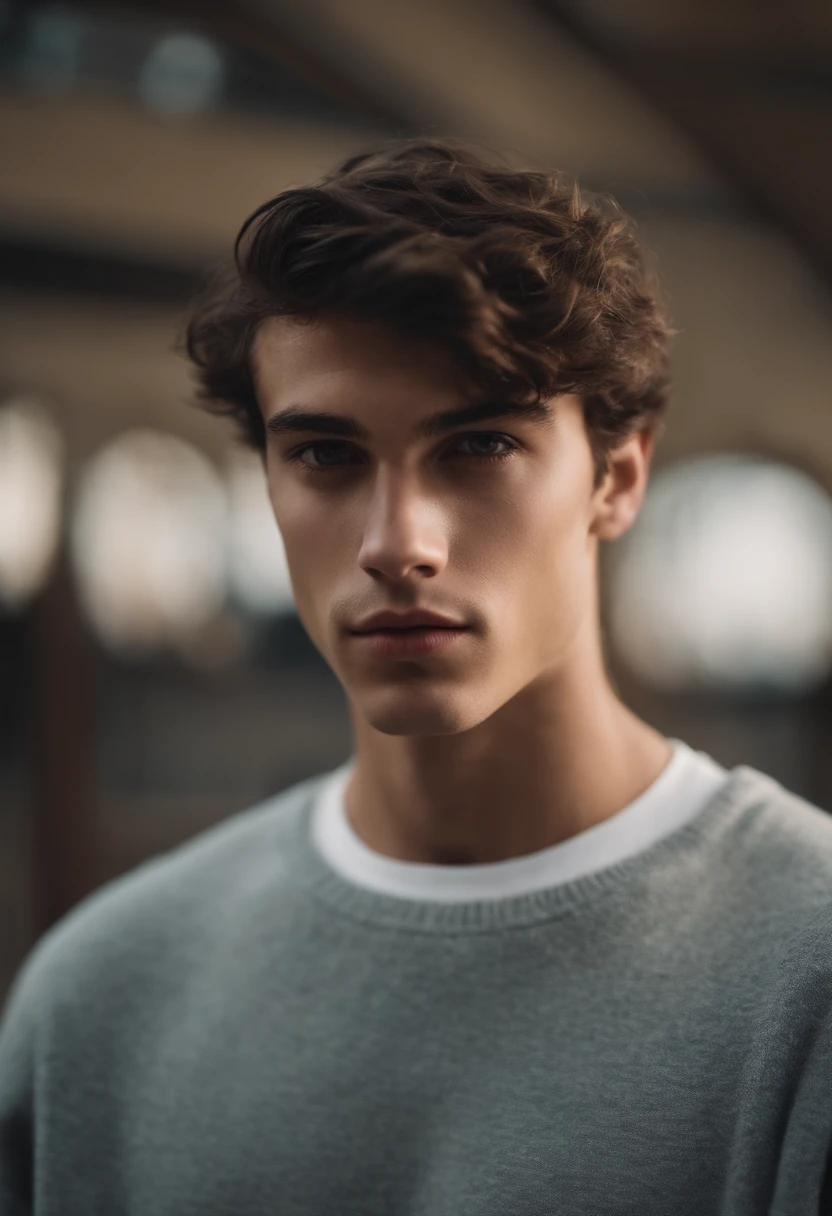 Portrait of a handsome male model in a college, 18 ans, sweatshirt, sans barbe, with short dark wavy hair, yeux bleus, thick lips