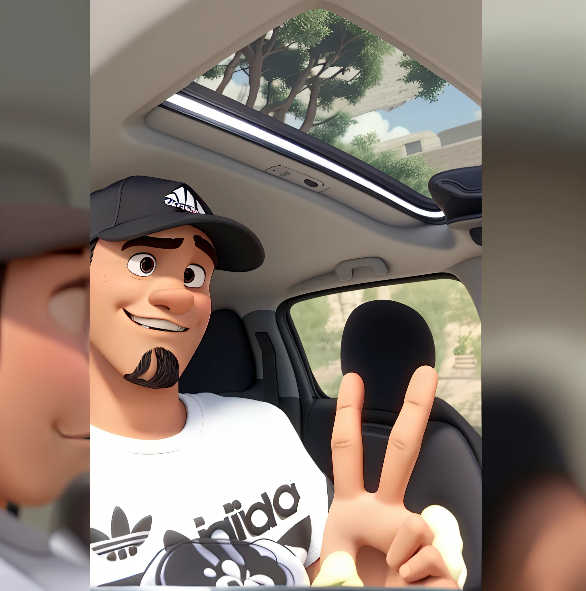 Homem estilo disney pixar de bone adidas preto e camisa branca adidas dentro de um carro alta qualidade, melhor qualidade