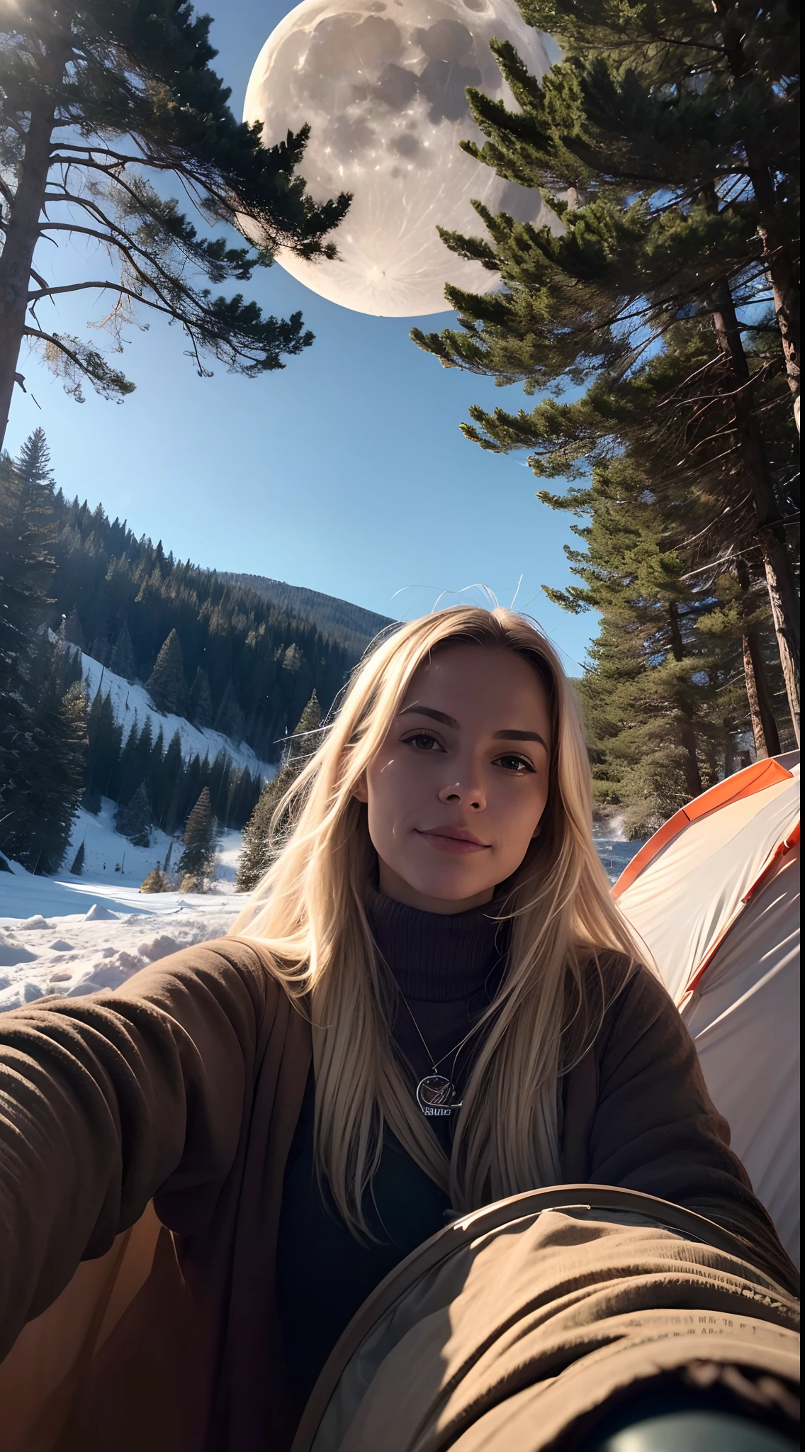 1 woman, American, beautiful, ((upper body selfie, happy)), Shooting in a tent, Beautiful backlight, Tent Open Sign,Masterpiece, Best Quality, Ultra-detailed, Solo, exteriors, (natta), mountains, Nature, (sao, the moon) cheerful, happy,, Cosy in a sleeping bag, Inside the tent, When you open the tent, You can see some nice horsemen outside.., woods, rock formations, rivers, wood, smoke, shadowy, contrast, clear skies, analog style (looking up at viewer:1.2) (skin texture) (film grain:1.3), (warm hue, warm tone:1.2), close-up, Cinematic light, Sidelighting, The ultra-Highres, best shadows, ....raw, upper half body, wearing pullover, Relaxed and intimate photos, with long blond hair,