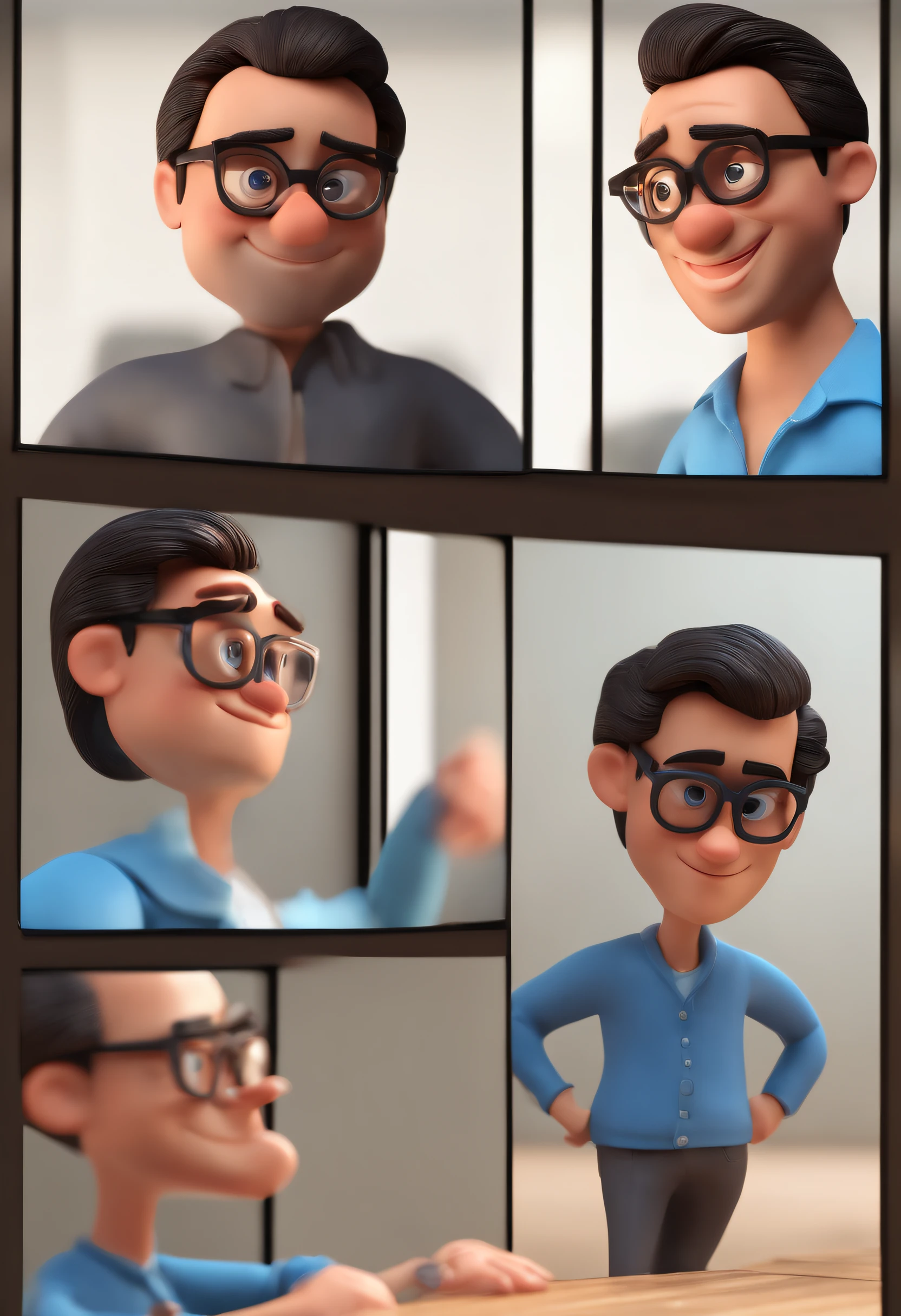 Cartoon character of a man with black glasses and a blue shirt, animation character, Caractere estilizado, animation style rendering, 3D estilizado, Arnold Maya render, 3 d render stylized, toon render keyshot, Personagem 3D, Personagem 3D, 3d rendering stylized, 3 d character render, personagem de desenho animado, Personagem de close up, Pose de personagem, (Estilo Pixar) (master part:1.2) (Bokeh) (best quality) (pele detalhada) (textura detalhada) (8k) (argila) (Cinematic lighting) (foco nítido