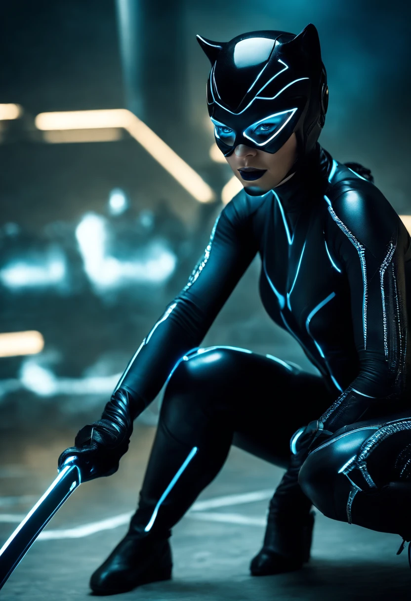 Tron Combined with Catwoman, tron legacy, battle pose, crystal clear image, intricate details, close up, battle scars, black and Blue themed, simulation world, glowing Whip