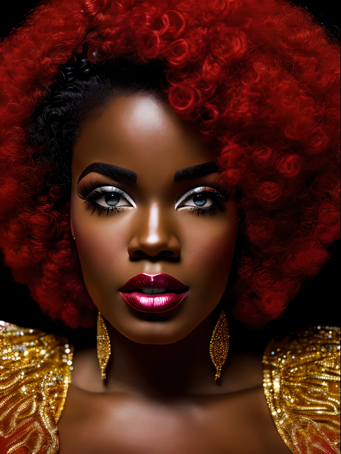 Hypnotic closeup face portrait of a beautiful afro-american woman, in the style of noir comic art avantgarde fashion, scarlet and gold, airbrush art, clean lines, pure forms, side angle