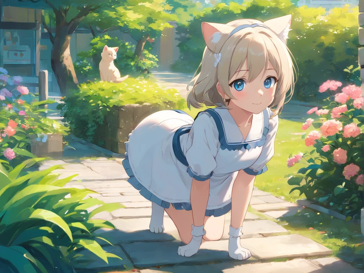 Stand in the garden、Wearing a white maid dress，silber hair，eBlue eyes、Cat-eared girl,  small curvaceous loli, Guweiz on ArtStation Pixiv, Guviz, small loli girl, Soft anime illustration, Anime visuals of cute girls, Detailed digital anime art, (((No arm decoration)))，Cat tail，ssmile，