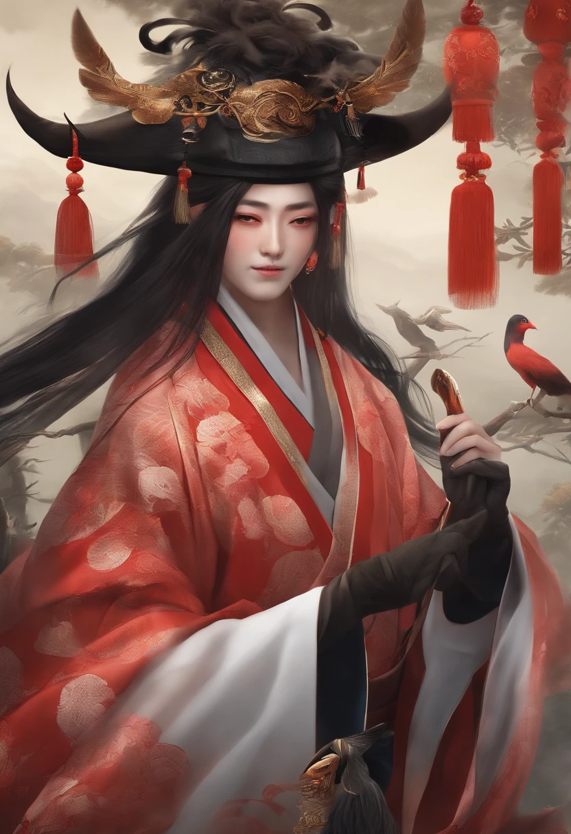 Man, Tengu, Onmyoji, Bird's beak, desgrenhado, cabelos grisalhos, Penas brancas, asas longas, pupilas roxas, quimono, japanesepopartstyle, fundo simples