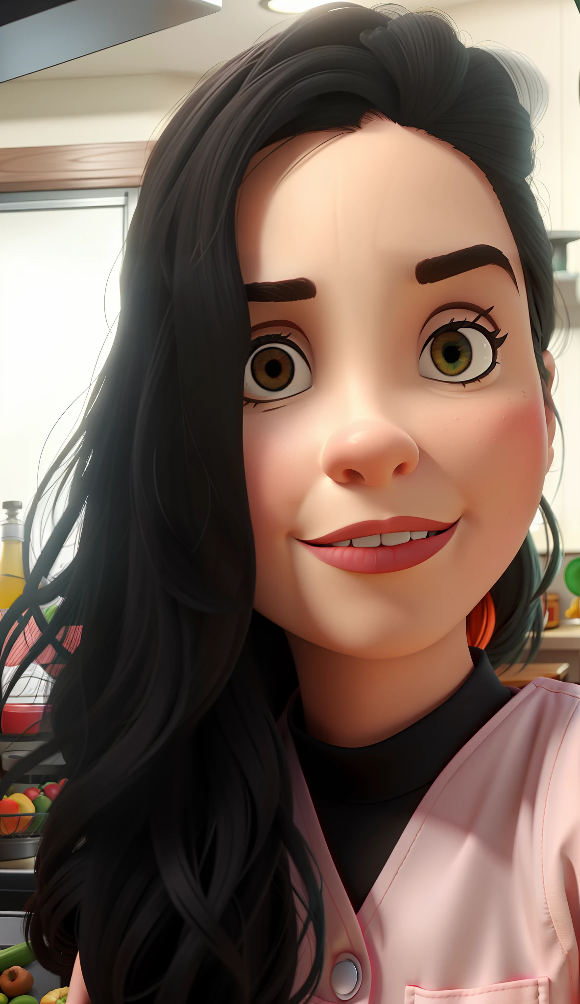 Fazer um desenho no estilo Disney Pixar. Turn the lady in the photo into a kitchen cheff. She's in a kitchen and has a lot of vegetables
