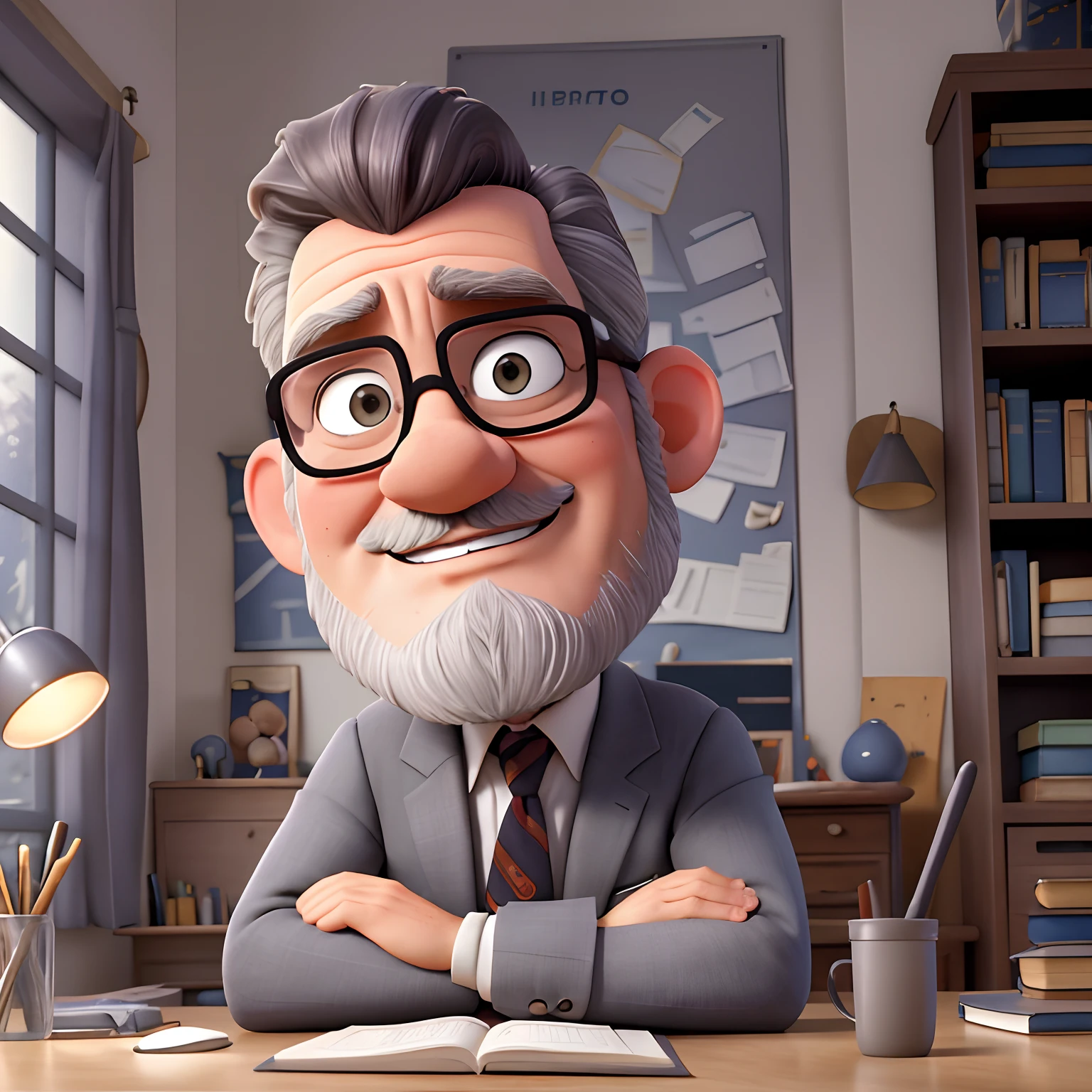 vieillard, inspiré de Disney Pixar, inspiré du pasteur ( Rubens janvier ) un homme au cheveux gris portant des lunettes dans un bureau avec un livre sur la table regardant vers l'avenir serieux, old man, cheveux gris, a suit