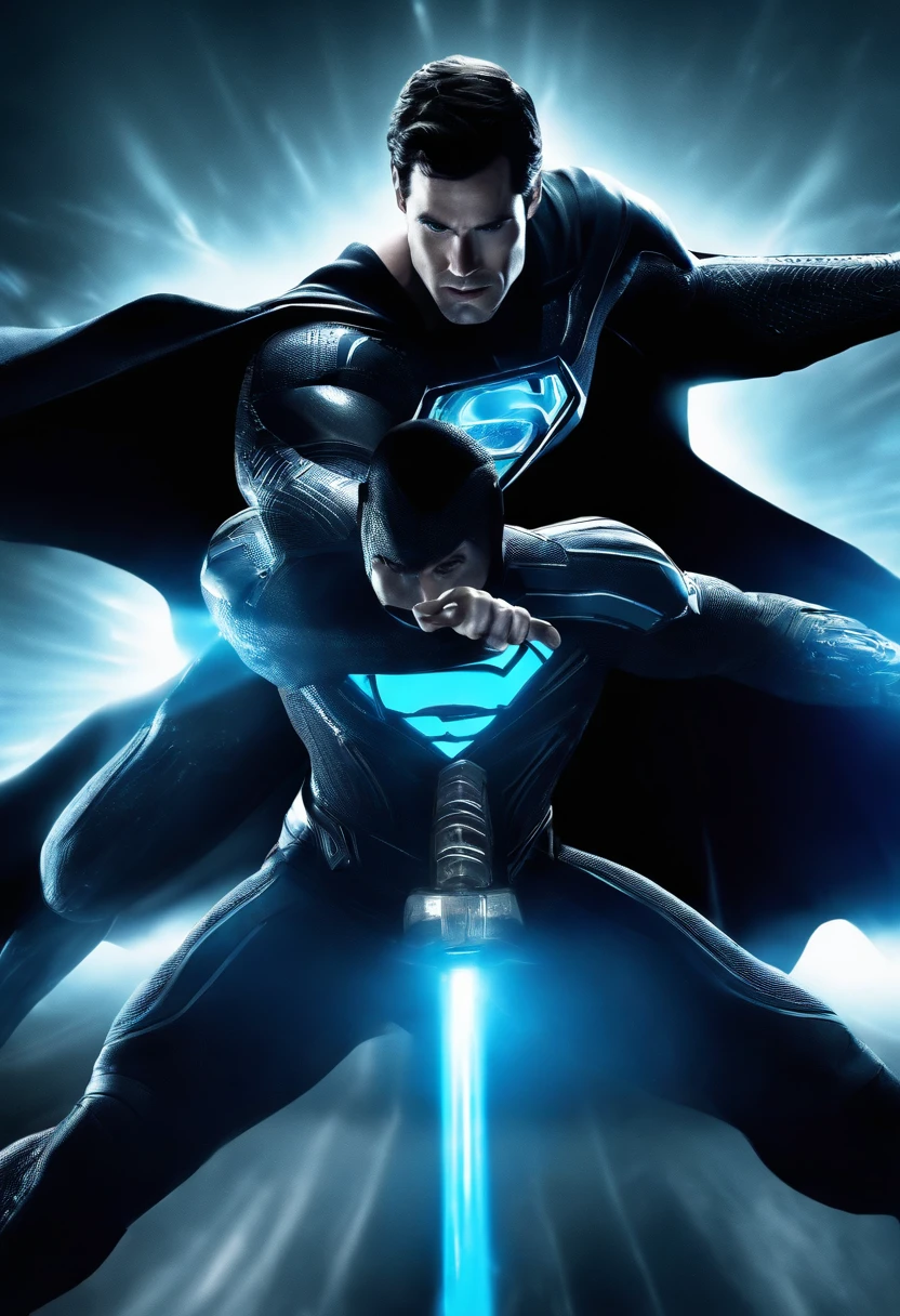 Tron Combined with Superman, tron legacy, battle pose, crystal clear image, intricate details, close up, battle scars, black and Blue themed, simulation world, glowing War Hammer, black Cape, intimidating pose