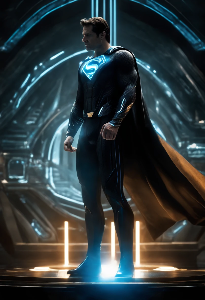 Tron Combined with Superman, tron legacy, battle pose, crystal clear image, intricate details, close up, battle scars, black and Blue themed, simulation world, glowing War Hammer, black Cape, intimidating pose