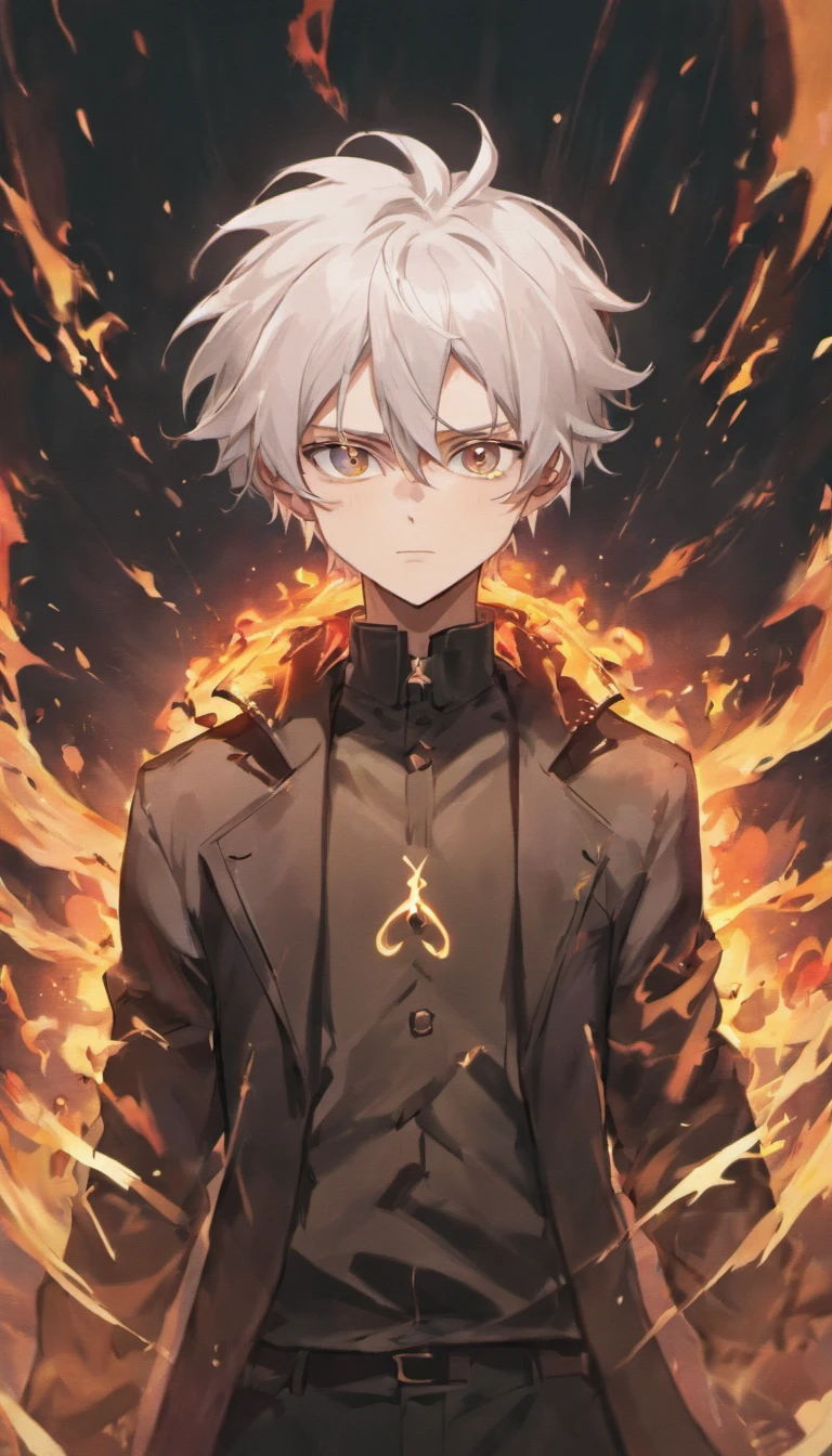 a white-haired, black-eyed man in a black jacket, engulfed in turbulent flames, black aura behind him, detailed digital anime art, engulfed by darkness, anti-spell magic, handsome guy in black clover art, short hair, by Yang J, completely composed of darkness, hair made of shadow