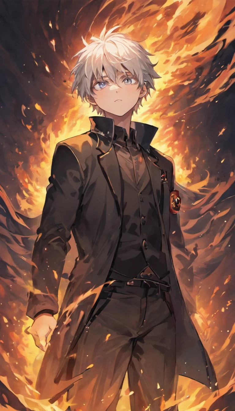 a white-haired, black-eyed man in a black jacket, engulfed in turbulent flames, black aura behind him, detailed digital anime art, engulfed by darkness, anti-spell magic, handsome guy in black clover art, short hair, by Yang J, completely composed of darkness, hair made of shadow