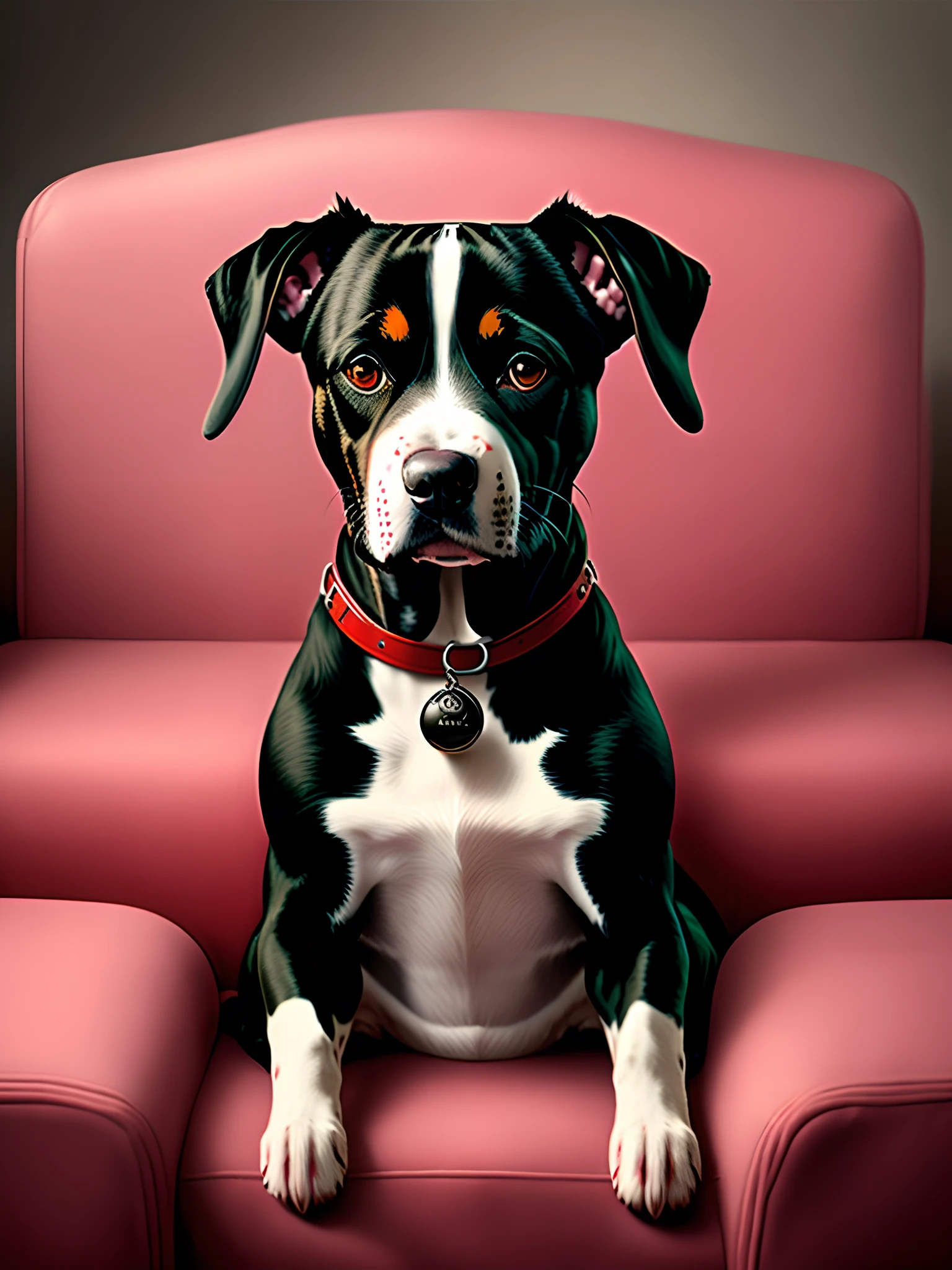 poster for a Pixar movie about the life of a dog who loves to play with a ball. with the title of Katarina. The character is a dog, of the white Pitbull breed with a black spot on the left eye and a black spot on the back with a black muzzle and black eyes. It could be on top of a red couch or a pink dog bed sitting.