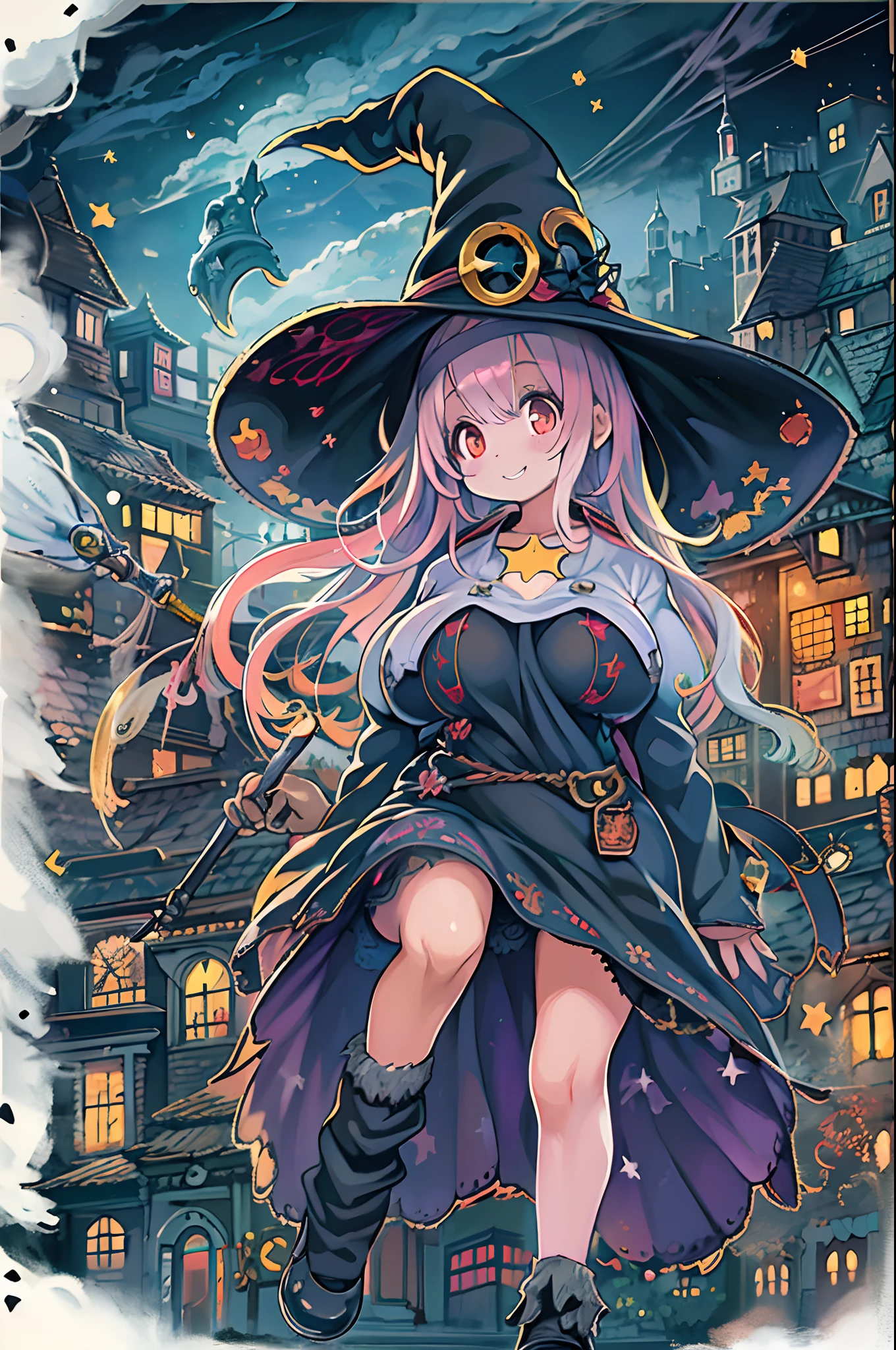 masutepiece, Best Quality, Charming Halloween 8  witch, Random coloring,2D, planar vector, T-shirt design, Colorful splashes, Fantasy Art, Watercolor effect,Digital Painting, white bg, 8K、night cityscape,bbw,Anime style、huge-breasted