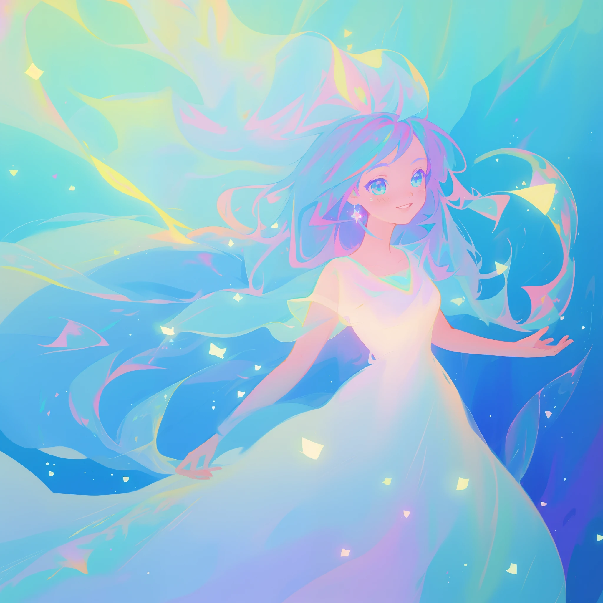 beautiful anime girl in colorful liquid dress, sparkling, aqua mint blue and purple colors, vibrant pastel colors, (colorful), magical lights, sparkling lines of light, inspired by Glen Keane, inspired by Lois van Baarle, disney art style, by Lois van Baarle, glowing aura around her, by Glen Keane, jen bartel, glowing lights! digital painting, flowing glowing hair, glowing flowing hair, beautiful digital illustration, fantasia background, whimsical, magical, fantasy, beautiful face, ((masterpiece, best quality)), intricate details, highly detailed, sharp focus, 8k resolution, sparkling detailed eyes, liquid watercolor