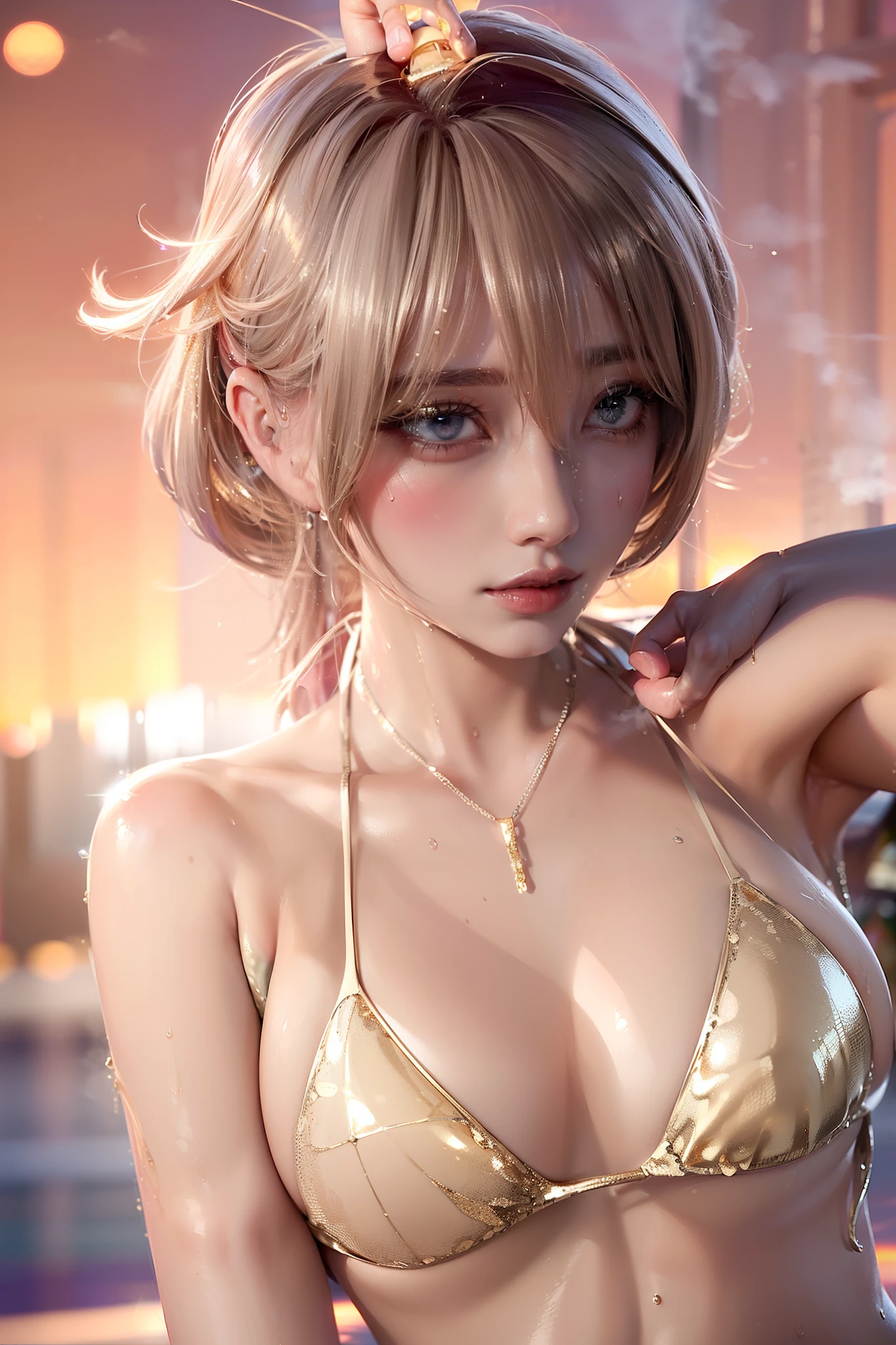 1 beauty, (Light Purple Eyeshadow、Smaller face, (Long body:1.2), Watery Big Eyes, Toned body, Beautiful constriction, ((Erotic face:1.4)), long eyelasher, in poolside, Wet whole body, ((Glittering champagne gold colored bikini swimsuit:1.4)), (wet and disheveled hair:1.4), ((Perfect Anatomy:1.2)), (Heavy sweat on the face:1.2), Splattering splashes shine:2, fine splashes on the body, (Platinum Necklace and Earrings), (Sunset colored sky:1.4)、sexy pose、(((Sweat,steam)))、Dark hair、Black eyes、de pele branca、sexy Chinese