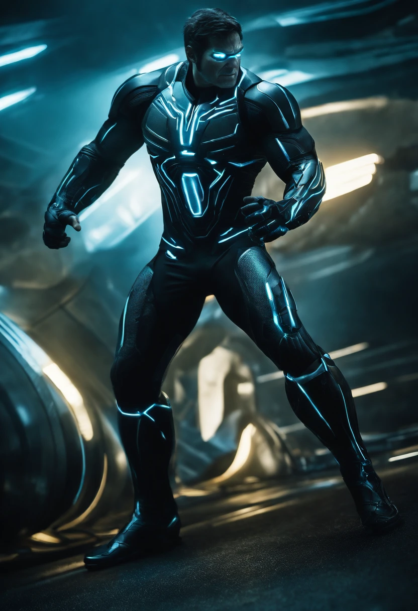 Tron Combined with Hulk, tron legacy, battle pose, crystal clear image, intricate details, close up, battle scars, black and Blue themed, simulation world,