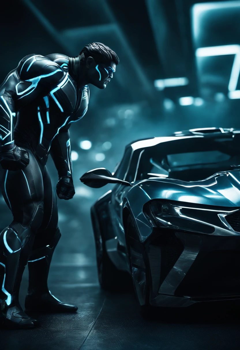 Tron Combined with Hulk, tron legacy, battle pose, crystal clear image, intricate details, close up, battle scars, black and Blue themed, simulation world,