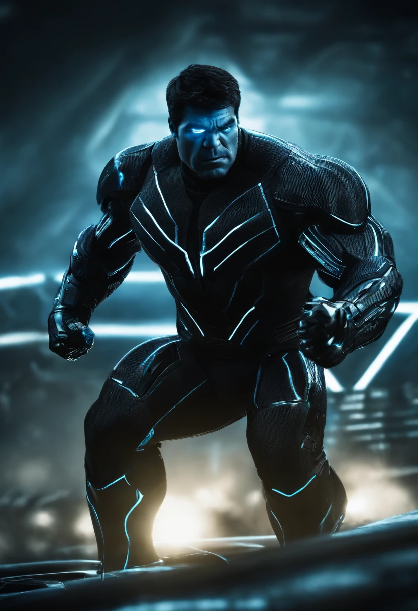 Tron Combined with Hulk, tron legacy, battle pose, crystal clear image, intricate details, close up, battle scars, black and Blue themed, simulation world,