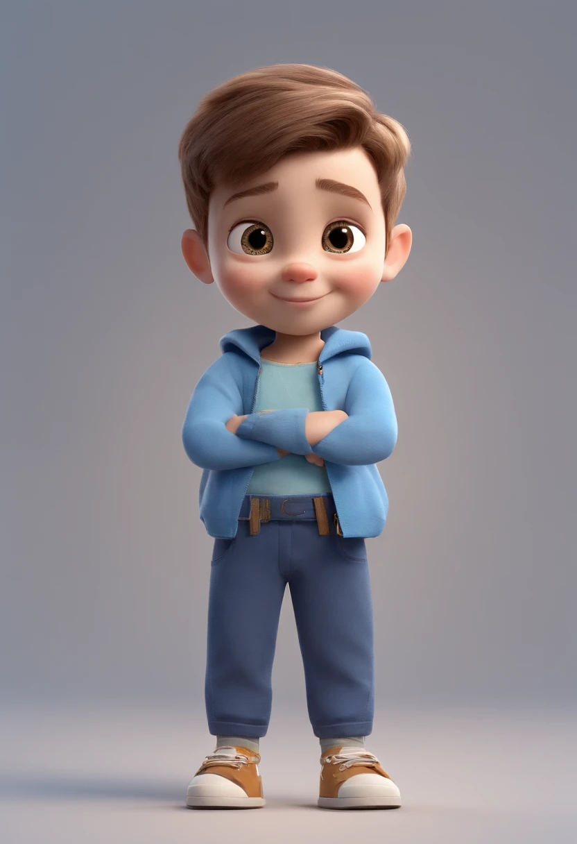a happy cute ??? standing short hair, Wearing blue clothes and white pants or Jens , , fundo branco, barnet, Tom Vivo, Estilo Pixar, ......3d, desenhos animados, rosto detalhado, asymmetrical 16k