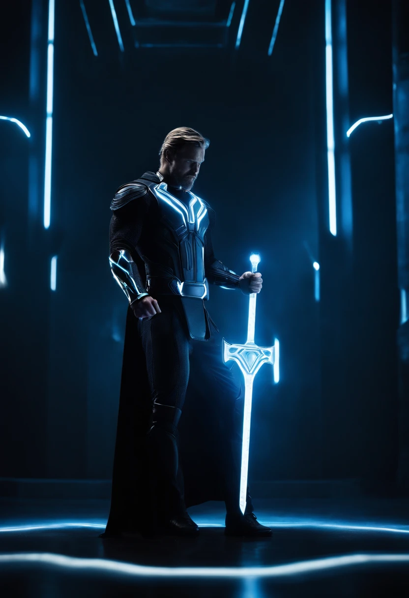 Tron Combined with Thor, tron legacy, battle pose, crystal clear image, intricate details, close up, battle scars, black and Blue themed, simulation world, glowing War Hammer, black Cape, intimidating pose