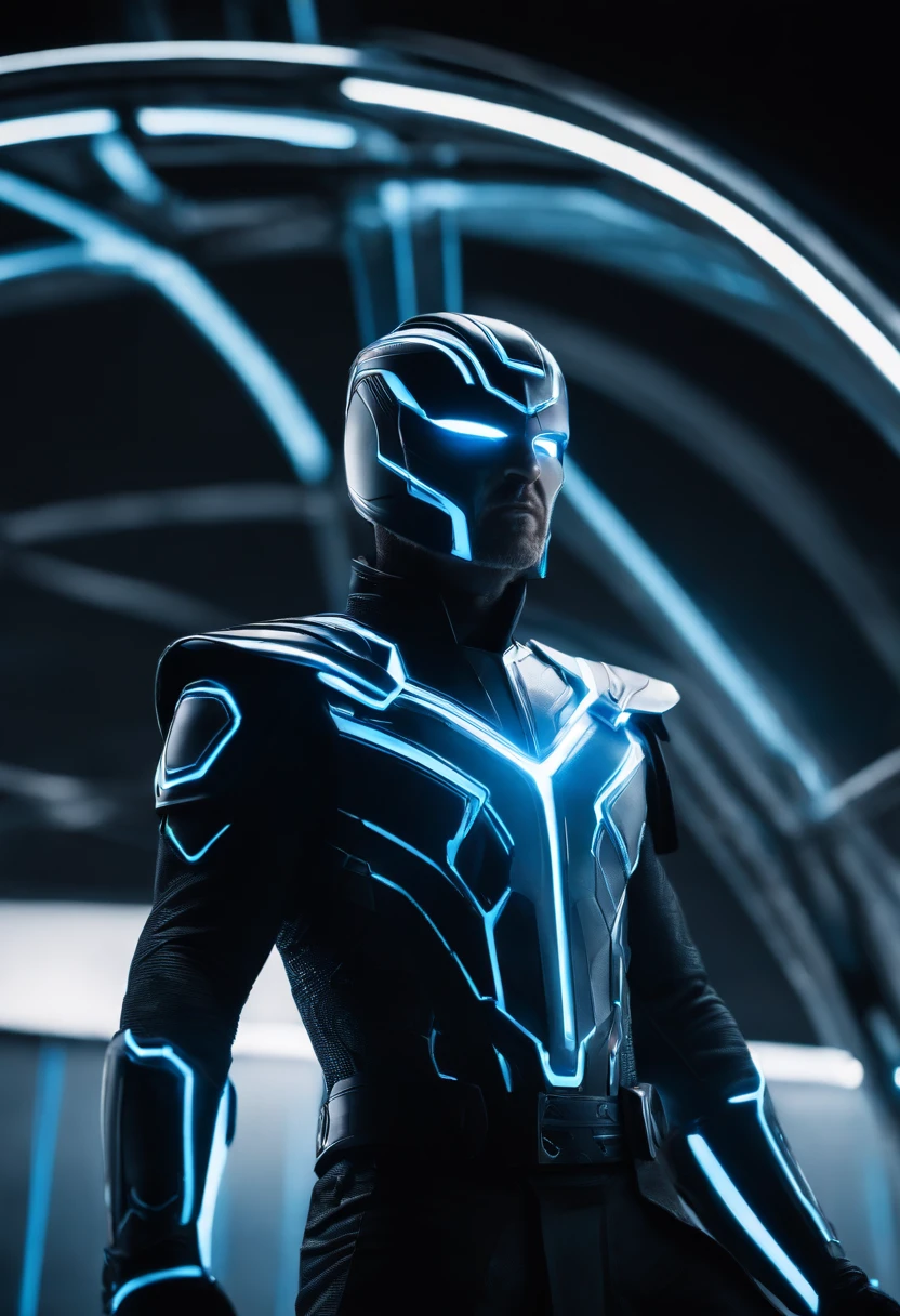 Tron Combined with Thor, tron legacy, battle pose, crystal clear image, intricate details, close up, battle scars, black and Blue themed, simulation world, glowing War Hammer, black Cape, intimidating pose