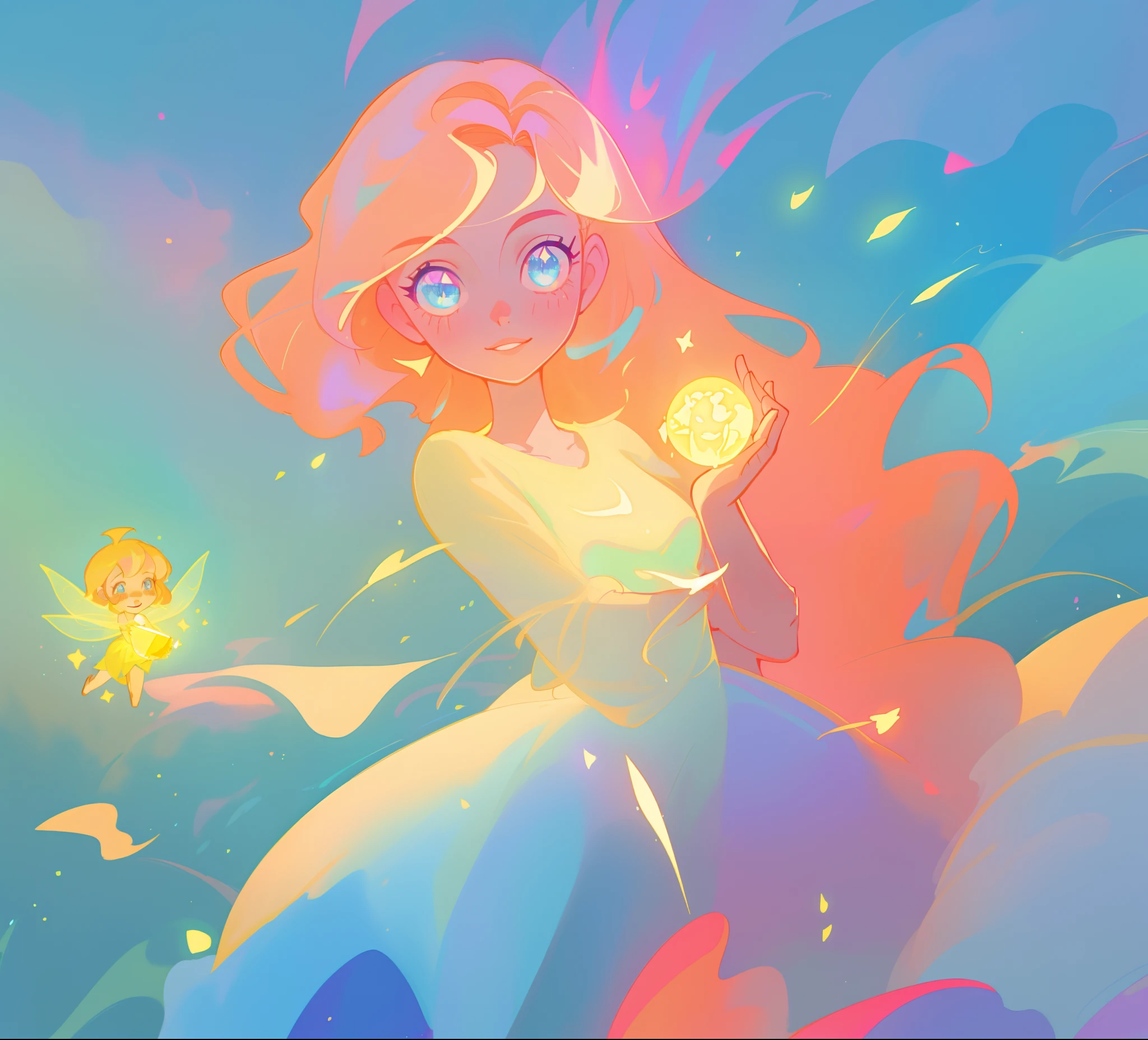 beautiful girl in blue flowing dress, ((beautiful girl holding a glowing golden fairy in her hand)), looking at the pixie in her hand, vibrant pastel colors, (colorful), magical lights, sparkling lines of light, inspired by Glen Keane, inspired by Lois van Baarle, disney art style, by Lois van Baarle, glowing aura around her, by Glen Keane, jen bartel, glowing lights! digital painting, flowing glowing hair, glowing flowing hair, beautiful digital illustration, fantasia background, whimsical, magical, fantasy, beautiful face, ((masterpiece, best quality)), intricate details, highly detailed, sharp focus, 8k resolution, sparkling detailed eyes, liquid watercolor