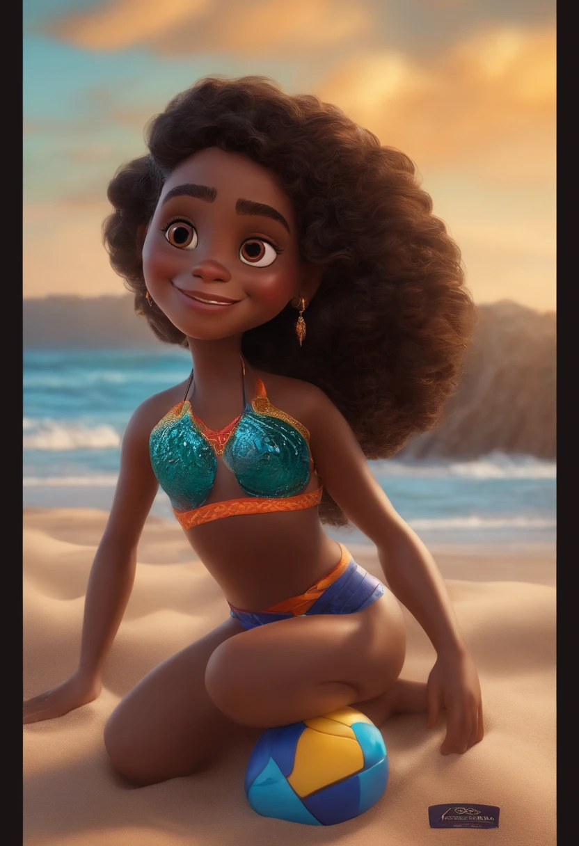 personagem da disney pixar, menina negra de cabelos ondulados na praia de oculos e sorrindo