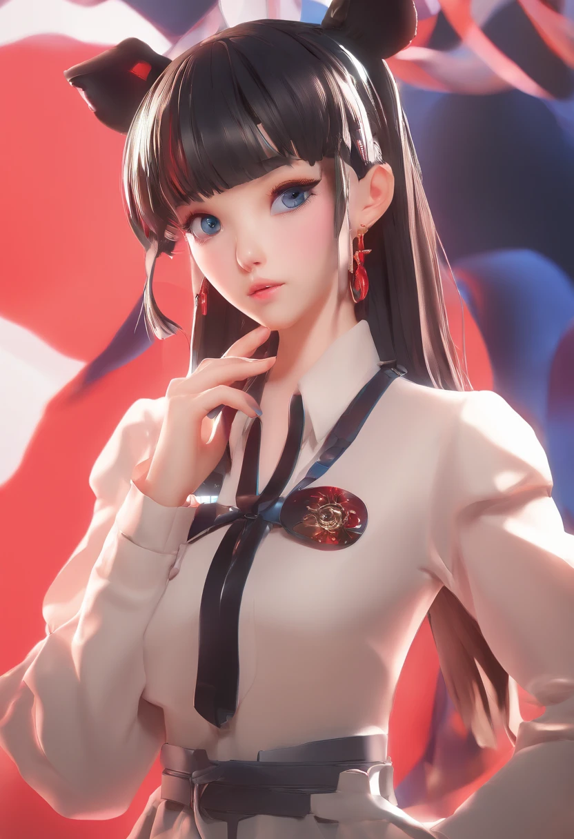 black hair, hair bobbles, wince, longeyelashes, solid circle eyes, fake animal ears, light smile, ear blush, fang, Surrealism, drop shadow, anaglyph, stereogram, tachi-e, pov, atmospheric perspective, 8k, super detail, ccurate, best quality