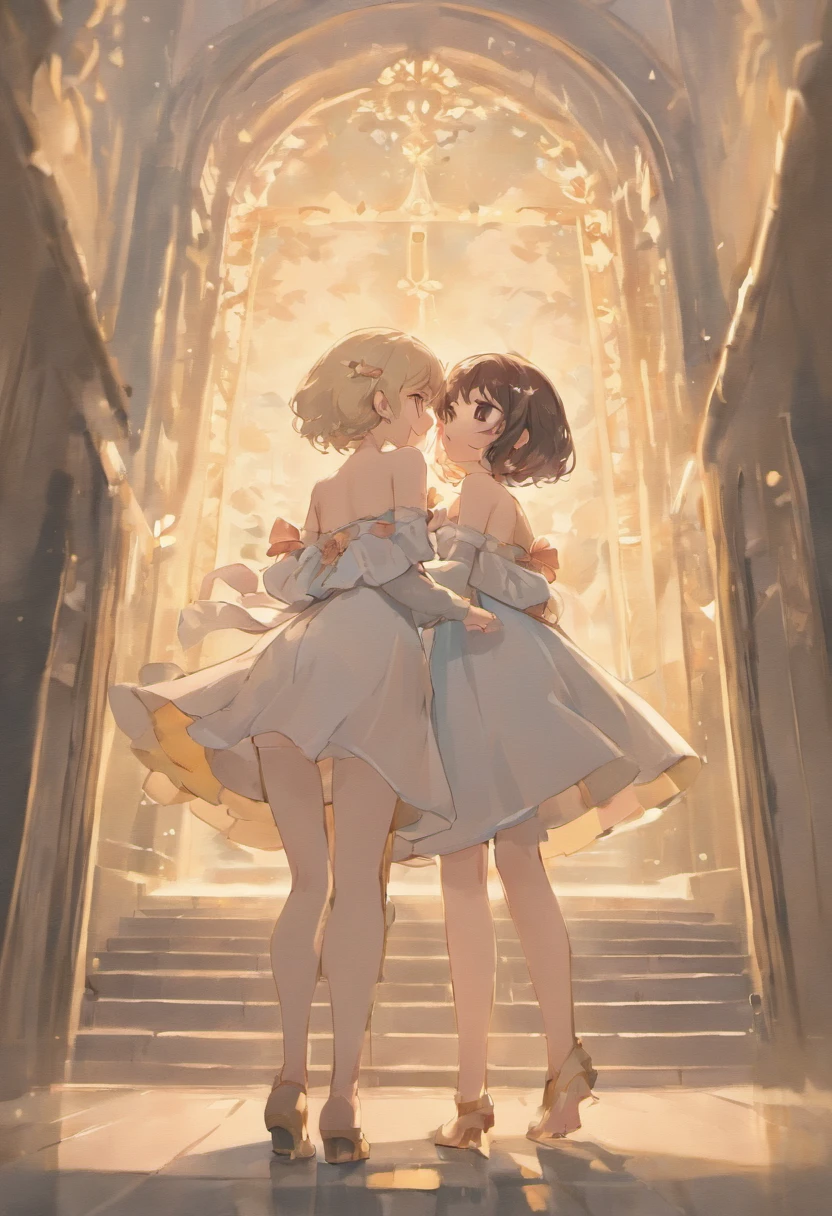 Two young and cute、Black-haired Japan woman facing each other、Holding hands with their foreheads pressed together。The  on the right is only slightly smaller　Wearing a fluffy and elegant dress　　The girl on the left is wearing a light pink dress　The girl on the right is wearing a light green dress　It comes with a floral ribbon headdress.、Soft and delicate illustrations in pastel colors、((top-quality、8K、​masterpiece:1.3))、Focus:1.2、perfectbodybeauty:1.4、s ass:1.2、((Layered Haircut、breastsout:1.2))、(Wet clothes:1.1)、(Sateen、Street:1.3)、Bandeau Dress:1.1、Highly detailed facial and skin texture、Narrow-eyed、二重まぶた、Whitening skin、shorth hair、(Shut up:1.3)、A smile、Underwear、Beautuful Women