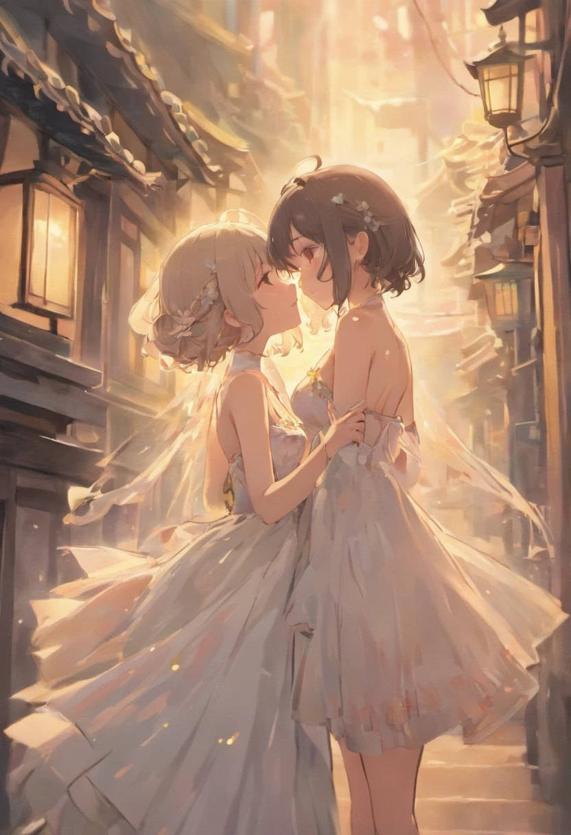 Two young and cute、Black-haired Japan woman facing each other、Holding hands with their foreheads pressed together。The child on the right is only slightly smaller Wearing a fluffy and elegant dress The girl on the left is wearing a light pink dress The girl on the right is wearing a light green dress It comes with a floral ribbon headdress.、Soft and delicate illustrations in pastel colors、((top-quality、8K、masterpiece:1.3))、Focus:1.2、perfectbodybeauty:1.4、s :1.2、((Layered Haircut、breastsout:1.2))、(Wet clothes:1.1)、(Sateen、Street:1.3)、Bandeau Dress:1.1、Highly detailed facial and skin texture、Narrow-eyed、二重まぶた、Whitening skin、shorth hair、(Shut up:1.3)、A smile、、Beautuful Women