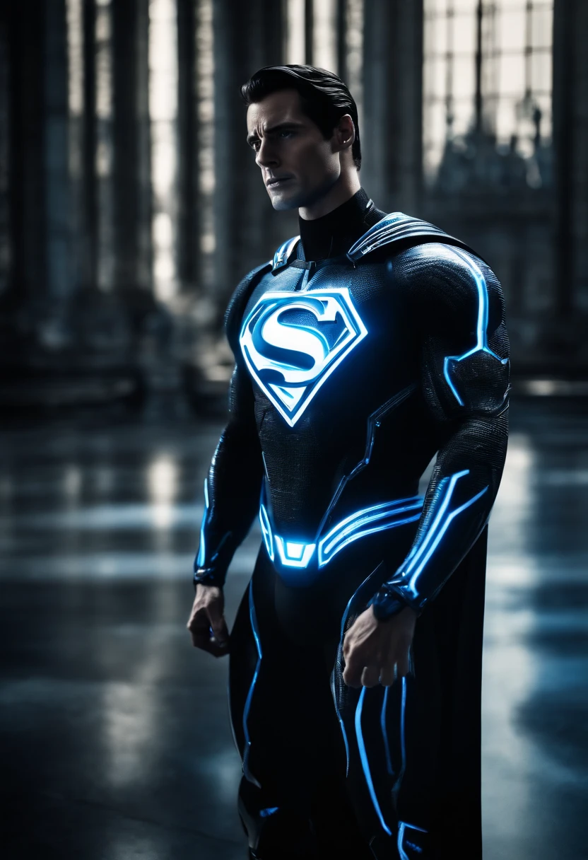 Tron Combined with Superman, tron legacy, battle pose, crystal clear image, intricate details, close up, battle scars, black and Blue themed, simulation world, glowing Eyes, black Cape, intimidating pose