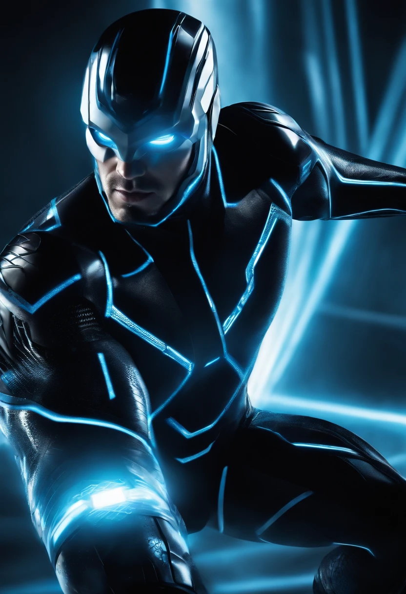 Tron Combined with Superman, tron legacy, battle pose, crystal clear image, intricate details, close up, battle scars, black and Blue themed, simulation world, glowing Eyes, black Cape, intimidating pose