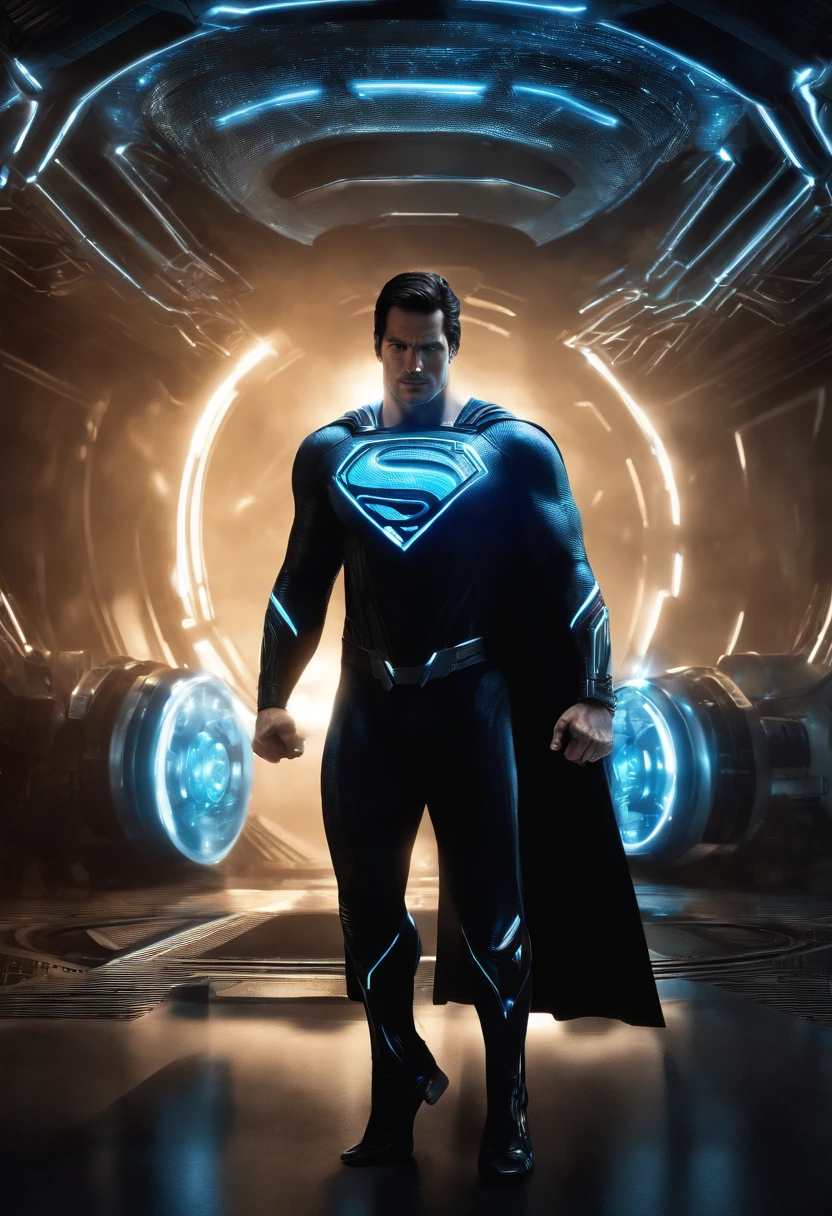 Tron Combined with Superman, tron legacy, battle pose, crystal clear image, intricate details, close up, battle scars, black and Blue themed, simulation world, glowing Eyes, black Cape, intimidating pose