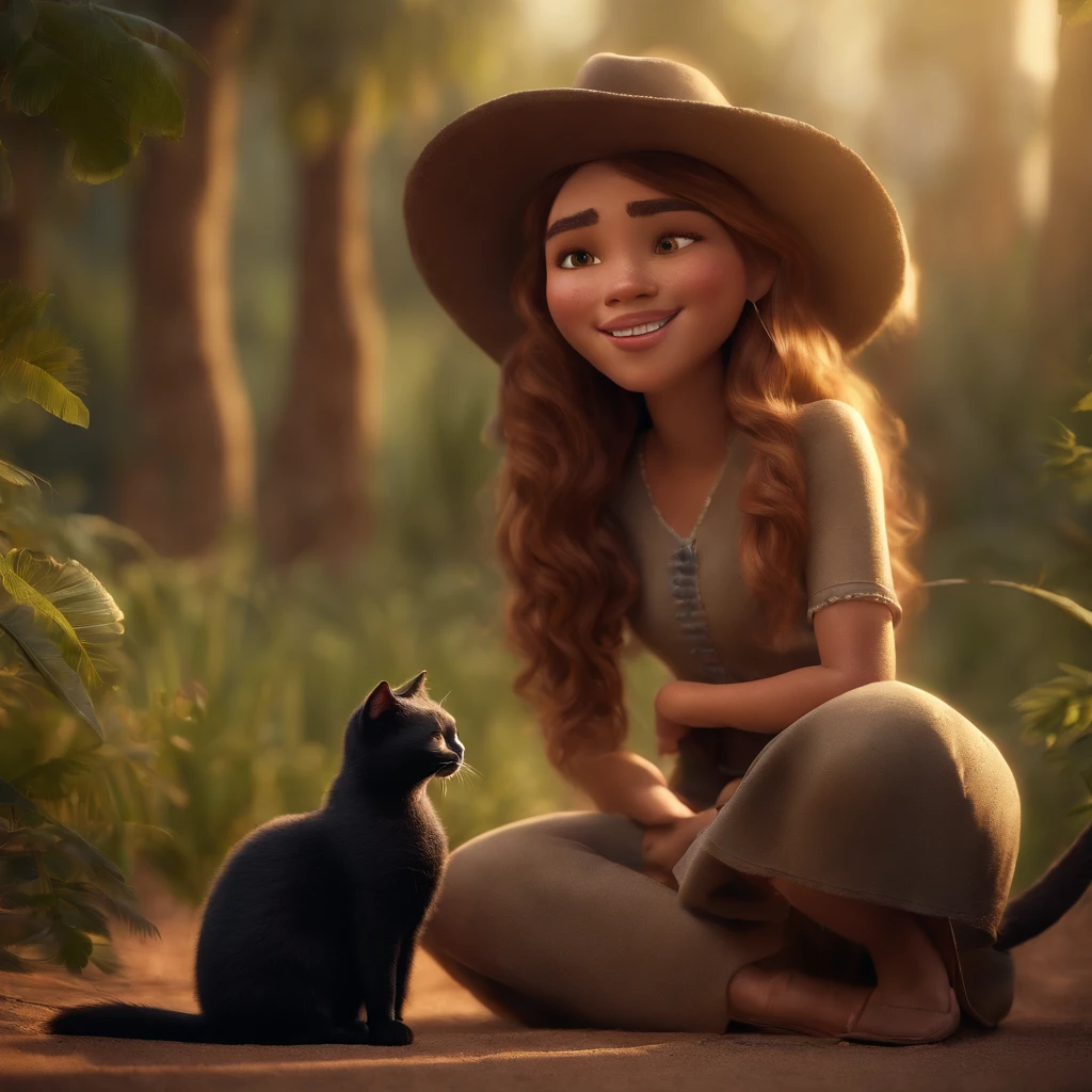 Image of a pixar-style girl, with reference to a -yeld Brlian girl with light brown skin, she has long wavy hair and bangs, she is smiling, her hair and eyes are brown, she is with her faithful friend Mago, a black cat and Witch a white cat lying in the garden