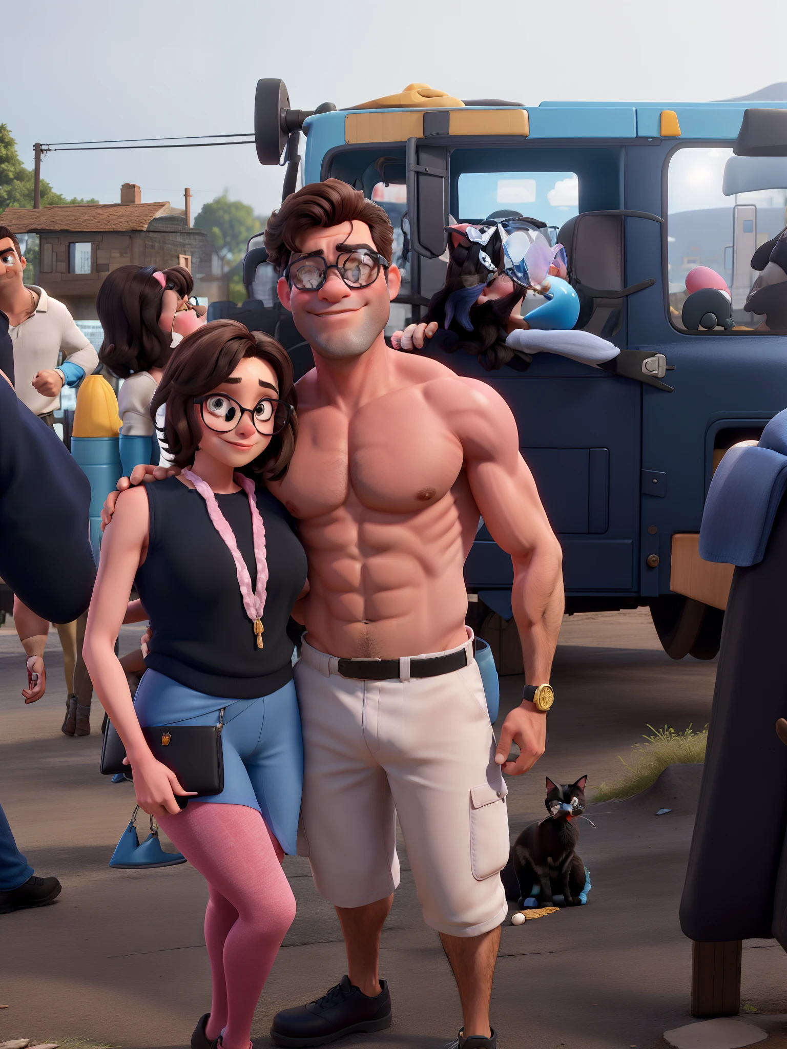 Pink-lipped brunette woman with blue cup and a black and white cat on her left shoulder, Brunette-colored strongman wearing glasses, On feet in the show in high definition, melhor qualidade